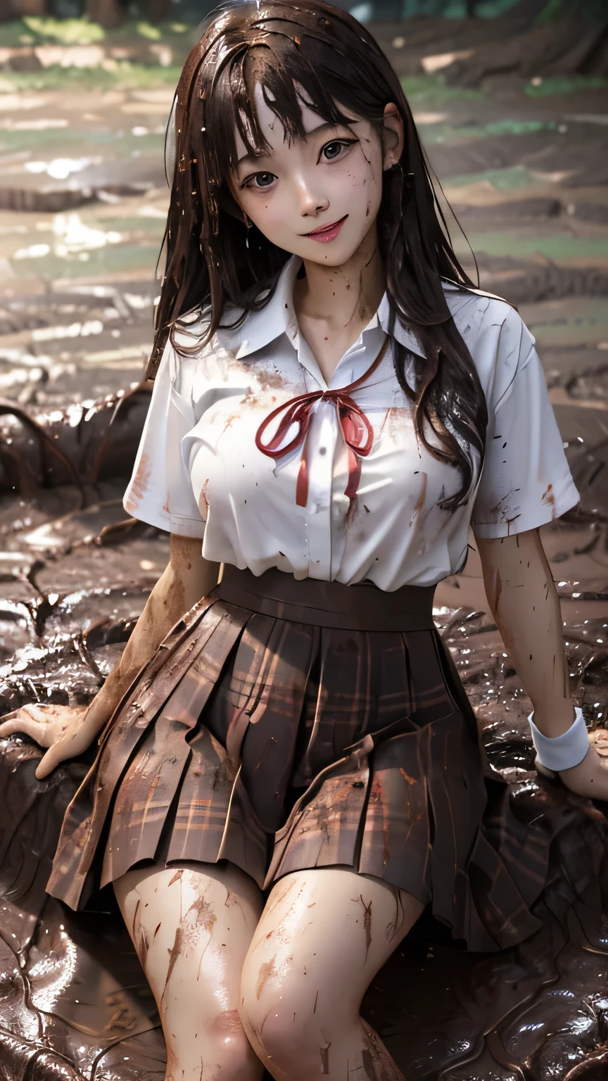 (masterpiece, best quality:1.2), muddy girl , looking at viewer , zombie school girl wet white clothes, soaked, dripping wet, wet hair, wet skin, translucent, glistening with oil, fully clothed, wet muddy field, dripping with mud, muddy arms, muddy hair, lying in mud, submerged, covered all over, muddy face , skirt dark red , plaid skirt , pleated skirt , Tight shirt , white Shirt , school girl  , red knot , red bow , school , skirt is adjacent to the chest , big breasts , big tits , zombie , rain  , twin tails hair