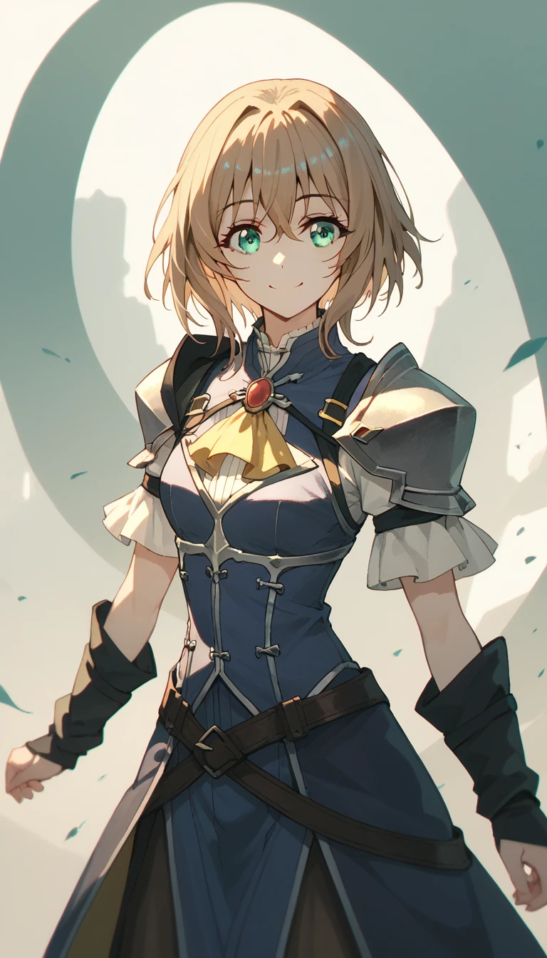 maximum quality,  goblin Slayer, guild Master , Turquoise eyes, short hair, cape oly one side, Turquoise eyes, short hair, cape, shoulder armor, light brown hair, short straight hair to shoulder length, yellow tie, bob cut,  smile, long skirt, tights, sexy body