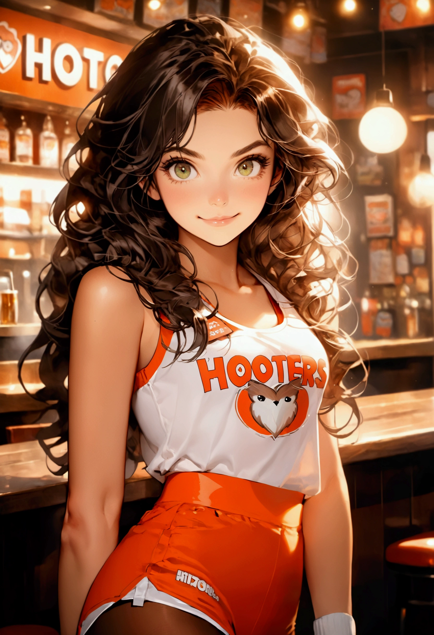 Illustrate a manga cover, Soft, diffused light with warm tones and low contrast Daria , 20 year old girl with a symmetrical face, high cheekbones, She has hazel green eyes framed by arched eyebrows, a straight, well-proportioned nose, and a fair, glowing complexion. Her long, wavy, dark brown hair cascades over her shoulders. She has an athletic, toned physique, confident and poised appearance, wearing a hooters uniform. fitted white tank top with the Hooters logo, high-waisted bright orange athletic shorts, sheer, transparent, tights, and white athletic sneakers with white socks. She also wears a name tag on the tank top, working at hooters restaurant, holding a glass of beer, Small smile, laughing.