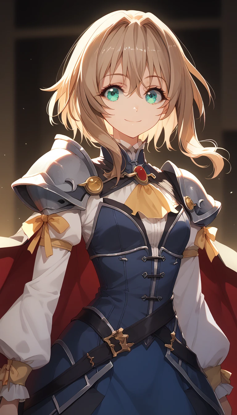 maximum quality,  goblin Slayer, guild Master , Turquoise eyes, short hair, cape oly one side, Turquoise eyes, short hair, cape, shoulder armor, light brown hair, short straight hair to shoulder length, yellow tie, bob cut, corset ,smile, long skirt, tights, sexy body, correas de cuero en la cintura, Big breats 