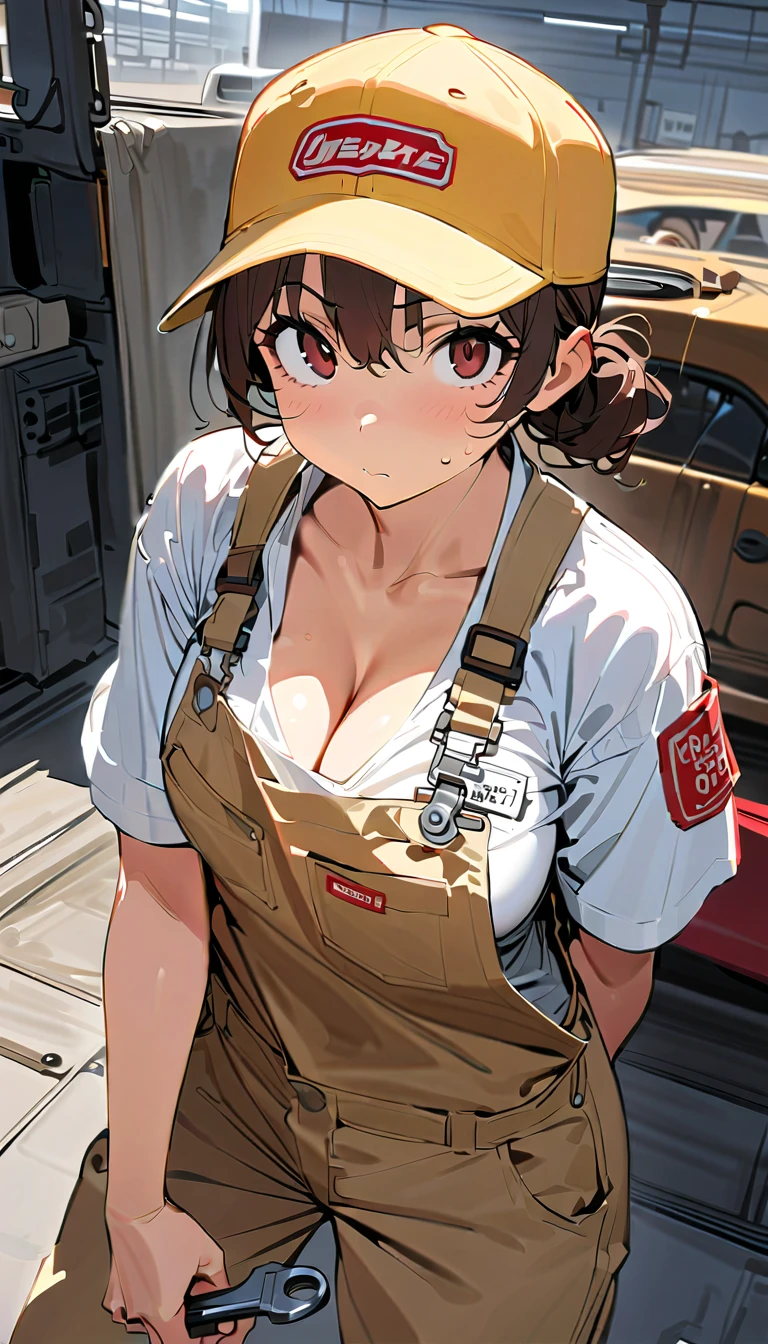 young woman, mechanic engineer, orange Coverall \(work clothes\), black tube top \(bra\), black hair, ponytail, embarrassing, (embarrassed smile), blush, open stance, in the garage, cowboy shot, masterpiece, super detail, best quality, bokeh