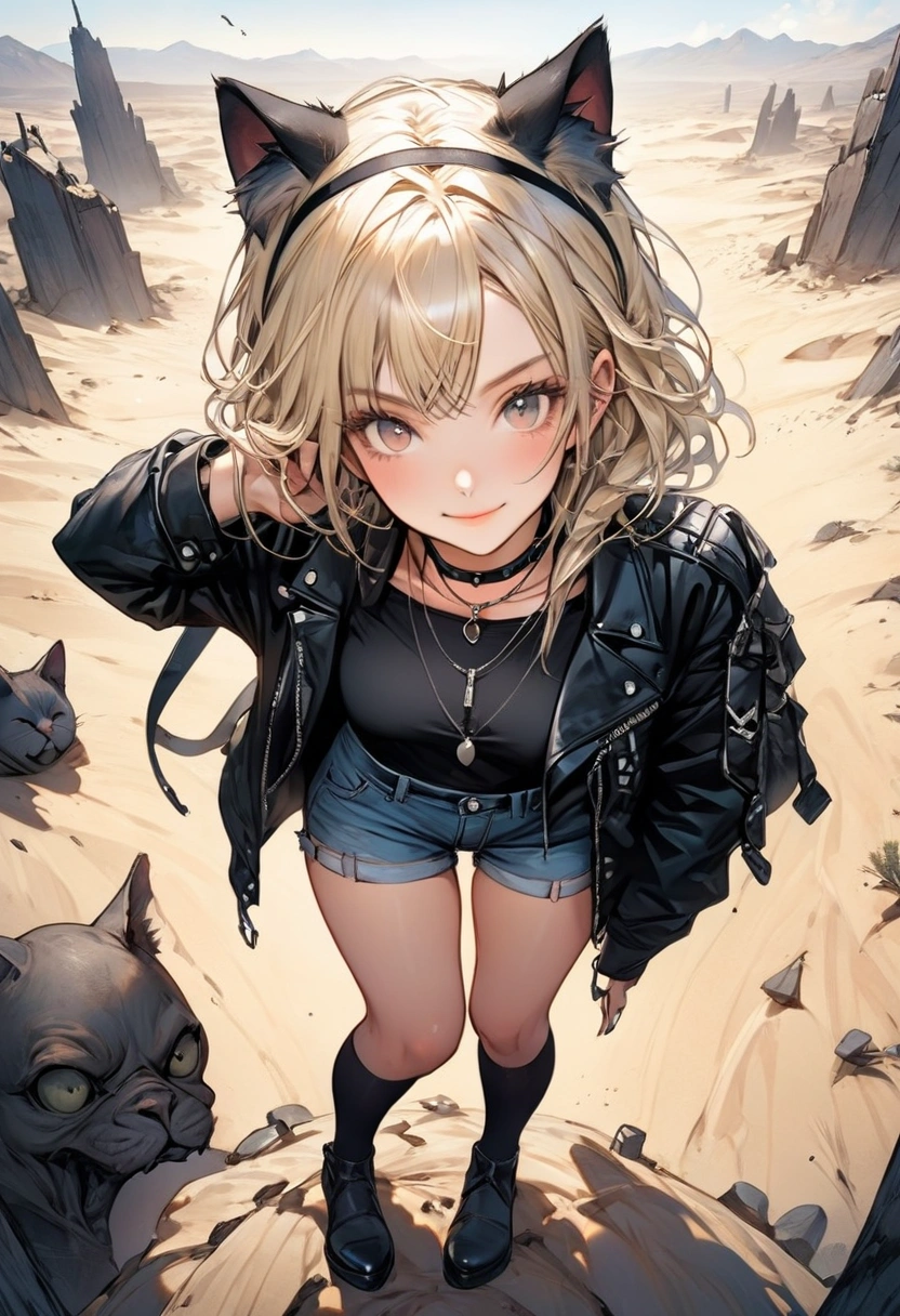 Illustrate a manga cover, Cinematic Full-body image of a young woman with a pear-shaped figure and fuller lower body. Long flowing Platinum blonde hair.Soft, rounded thighs, gently sloping shoulders, and long, flowing hair. Calm expression with high cheekbones, a defined jawline, and a big smile. She wears a Gothic-inspired outfit: thigh-high socks, loose high-waisted jean shorts, a leather jacket, and a Gothic choker necklace, cat ear headband,badding a unique, edgy vibe. In a desolate wasteland, vast desert, empty landscape, taking a selfie, on cell phone, pov shot, standing on top of a giant dead ogre,top down view, young woman is dirty and has cuts on her legs and face, carrying a large sword, strapped to her back

