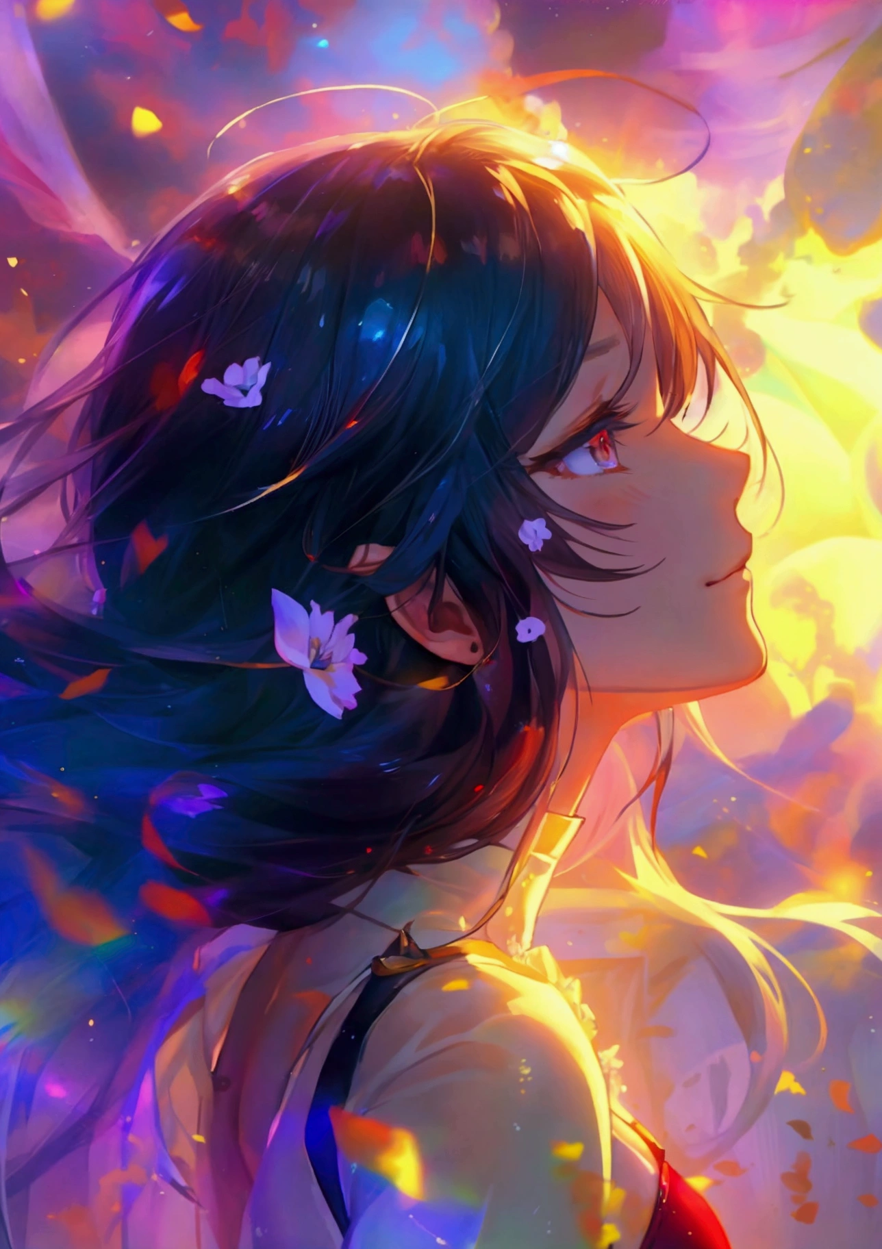 , by wanke, by yogisya
1girl close up,
extremely beautiful detailed piercing eyes,
a girl immersed in a magical garden at twilight. She stands beside a luminous waterfall, cherry blossoms gently falling around her. The soft glow of fireflies and the distant twinkle of stars add an enchanting ambiance to this serene and otherworldly scene
masterpiece, best quality, high quality, highres, absurdres, very detailed, high resolution, sharp, sharp image, 8k, vivid, colorful, stunning, anime