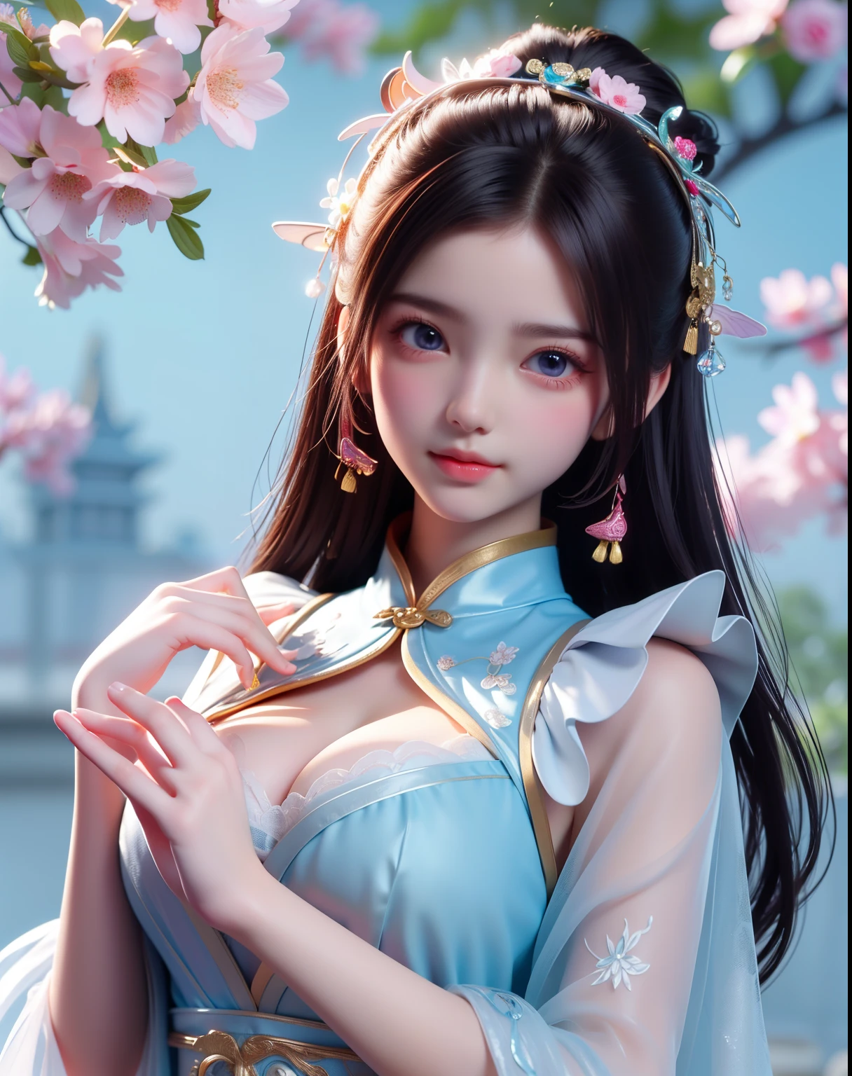 teen girl 14 yeard old,Ancient costumes with many phoenix motifs,Flawless white and pink face,Ornaments on the head,Black hair waist-length,very beautiful and sharp brown eyes,Small red lips,Enchanted smile,Jewelry worn around the neck,耳Nipple Ring,White uniform teeth,tall nose bridge,big round breasts, slenderlegs,thin mesh black socks,sportrait,most realistic,HighestQuali,best pixels,8K Ultra,high detal,8K分辨率,超高分辨率,A young girl, a cute girl,short detailed hair,hair-bun,lipsticks,Tassel earrings,choker necklace,Black clear eyes,Smooth hair,鎖骨,Delicate and perfect facial features, the most beautiful big eyes,Long eyelashes,The eyes are sweet and there are lying silkworms,dynamic angle,extreme picture quality,Highest precision,Precise and perfect human anatomy,(((Professional Dress,Slim Republic of China cheongsam,Crimson gold embroidery))),((sitted)),Warm scene,超高分辨率,Ultra-clear Chinese antique style black flowing hair with a delicate bun)By bangs,(Long flowing hair,With a bun:1.3)), open V-chested clothes royal, Wet body of thin silk fabric, Thin silk lace dress, (huge ,cleavage),, white pink, blue ,best qualtiy,tmasterpiece,超高分辨率,(真实感:1.4),RAW photogr,(True skin texture:1.3),(filmgrain:1.3),(Selfie angle),1个Giant Breast Girl,Beautiful eye and face details,tmasterpiece,Best quality at best,,The chest more exposed, detailed hair, bra pink , detail 8k, upper body,,Delicate collarbones,beautiful make up,Exquisite and perfect facial features,,Big watery eyes,Lying silkworm,Long eyelashes,The eyes are sweet and have eye shadow,Slim waist,Do not show your hands,,lipsticks,Blushlush,Delicate earring earrings