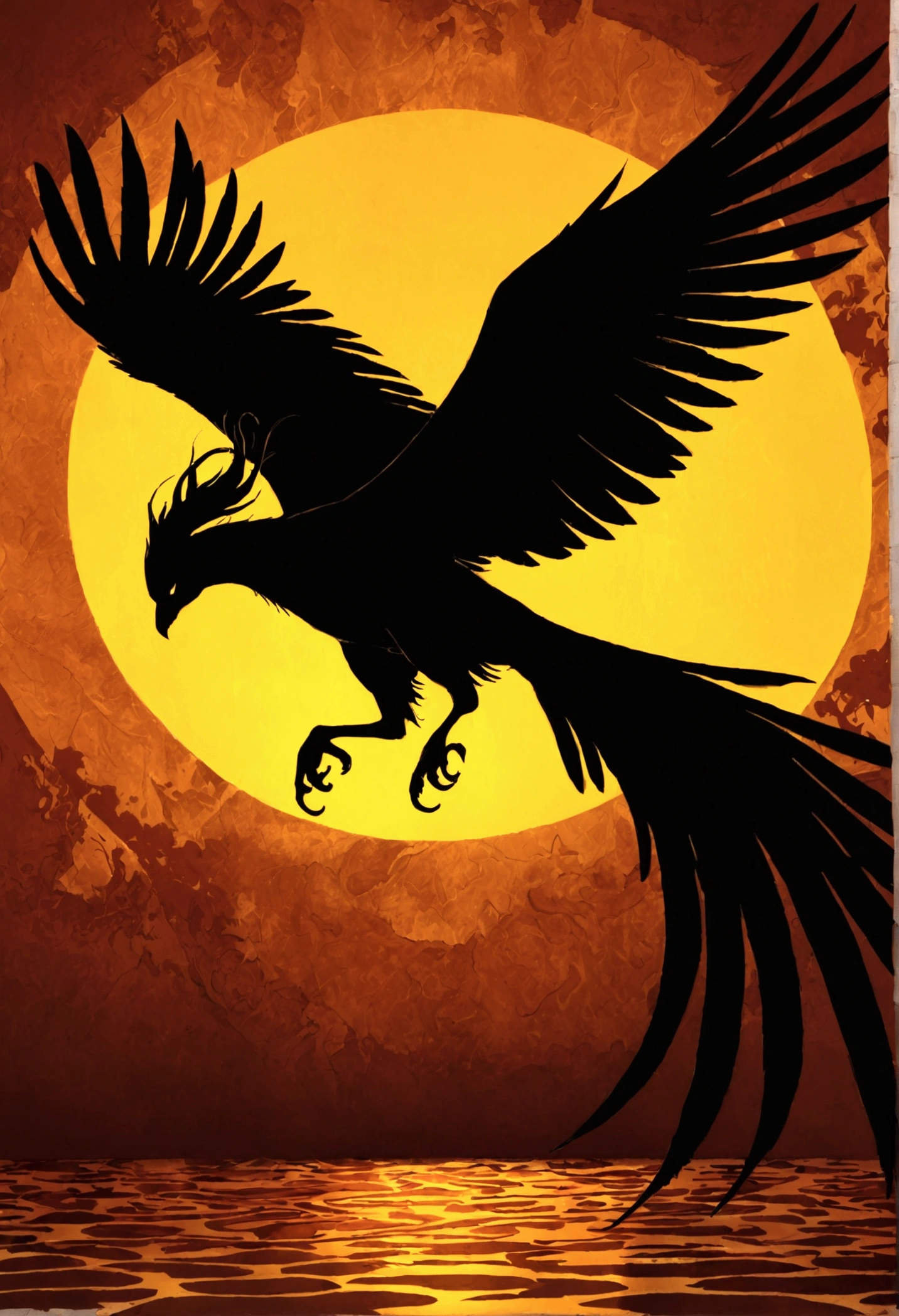 fondo blanco, Sombra negra,  silhouette of a Phoenix , Black silhouette, golden edges, extended wings ,  taking flight