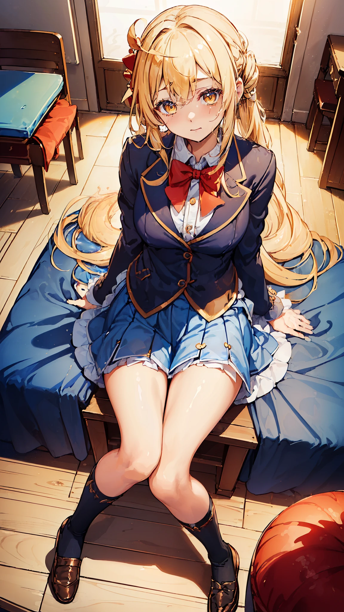 ((((Desktop,  best quality,  Best Quality ,  1 girl in ,  Alone ,  Beautiful anime 、 Detailed image ))))、18 years old、slim、Slightly larger chest、slim thighs 、(( yellow hair 、Straight、Longhaire、 orange eyes 、 Round Eyes 、 Clear section 、、)),((School、classroom))、((  Dark Blue Suit  、 Dark blue skirt 、 School uniform、bow tie、 Low Fis )))、 surprised expression 、 impatient expression 、Openwork 、 Big eyes 、nsfw、(((、 Liquid flowing from female genitals、 Liquid flowing from female genitals、 Massage stick、open legs、insert、 masturbate、)))、( Sitting on a wooden chair、 side shot )、 Photo above the knee 、