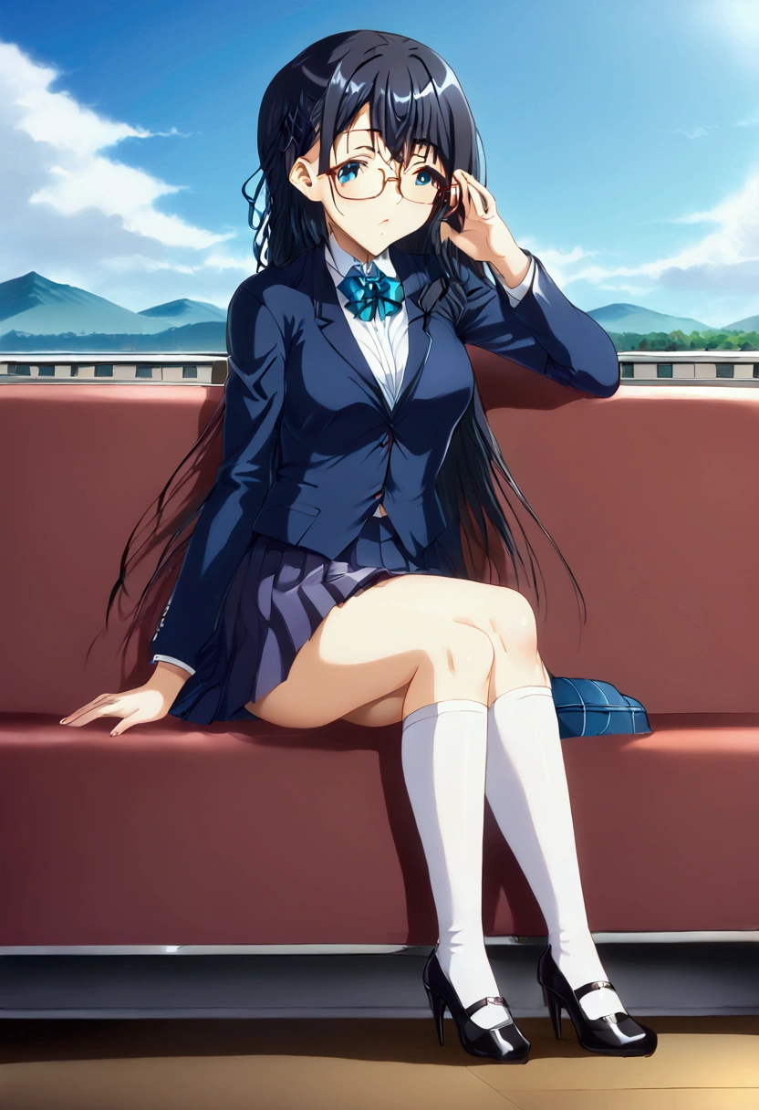 A high school girl sitting on the white square waiting for the bus , wear glasses, 