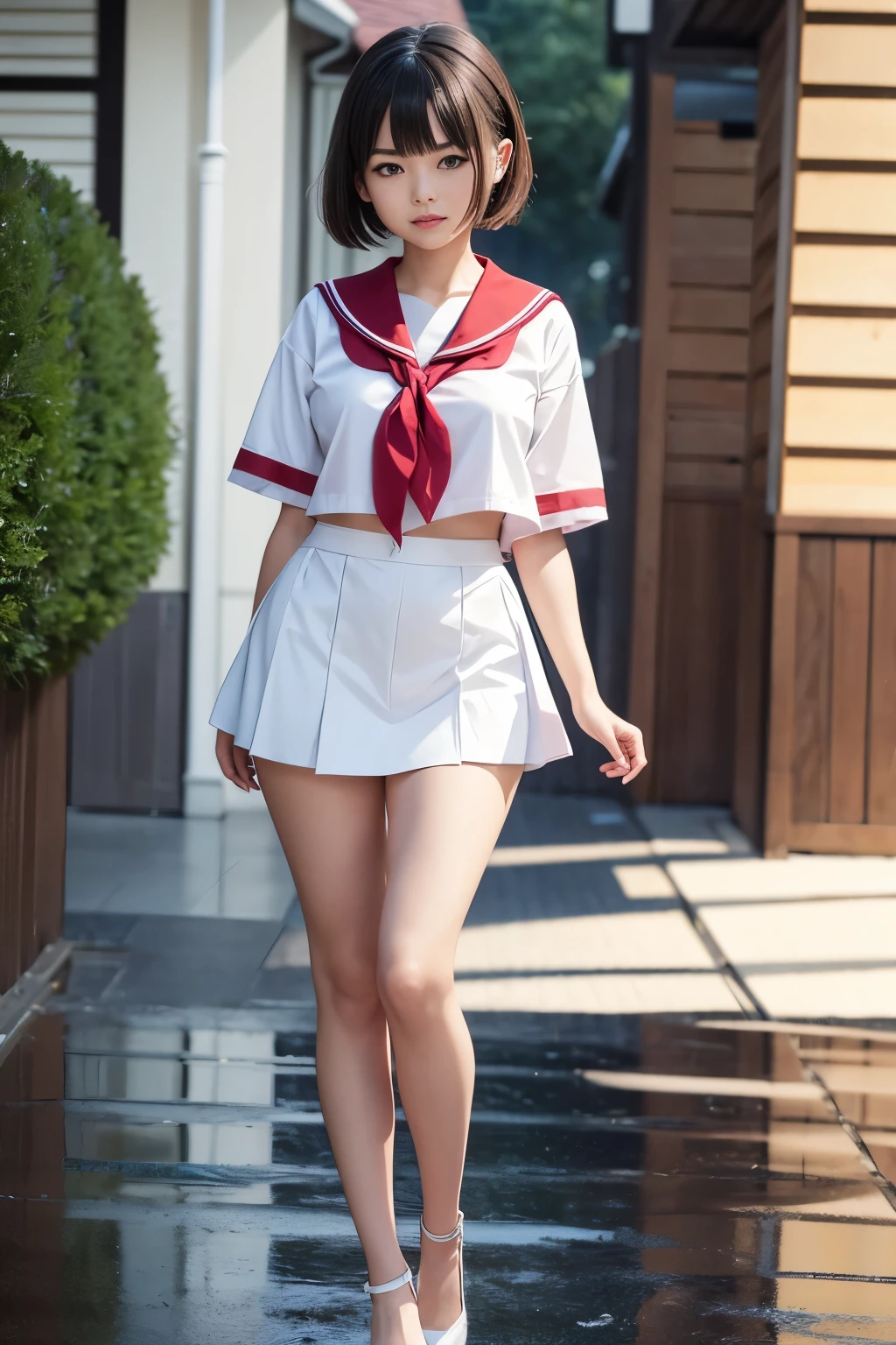 Perfect composition, Proper placement, Golden Ratio, masterpiece,  best quality,  high definition ,  one  Girl,  Beautiful  Woman, full body focus, full body shot, view the viewer, standing,  Wearing a Japanese High School Sailor Suit:1.331, Summer short sleeve uniform ,  red ribbon,  Anatomically Correct Ratio :1.331,  has a small head :1.331, Curvy body:0.3,  thin waist:1.331, Thin limbs:1.331,  medium breasts, Brown Hair,  short cut hair,  bare legs, white pin heels, wet hair ,  wet skin , Wet clothes, rain, Summer evening, rain:1.21, In a residential area:1.21,  old blurry photos, Faded photos , Light and Shadow, Movie Lighting, 