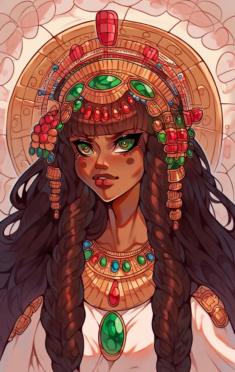 {{{{masterpiece}}}}, {{{Super detailed}}}, {{{high resolution}}}, {{good anatomy}}, (((best quality))),((emerald eyes,brown hair)),{{Extremely detailed and refined}}, {4k CG wallpaper}, {{illustration}}, ((dark skin,african lady,dark brown skin)),((zoom in,bust,upper body shot,extreme close up to face,bigger eyeballs)),(long hair|Detailed hair|blunt bangs|shiny hair),(((maga))),(great Mozzetta,pointed cap,robe,long sleeves),(arch canthus,),necklace,{{{solemn,emotionless,clam face}}},(mystry,mature,1 woman:1),small breasts, (Color difference:1.2),(simple background),arms down,hands down