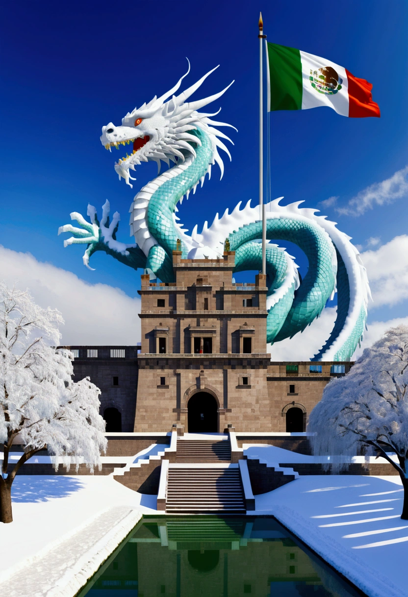 Chapultepec Castle, cubierto de snow y hielo,  Mexican flag waving high ,  ice dragon flying through the air, Freezing environment, cold weather, snow, blizzard, copos de snow, Ice construction 