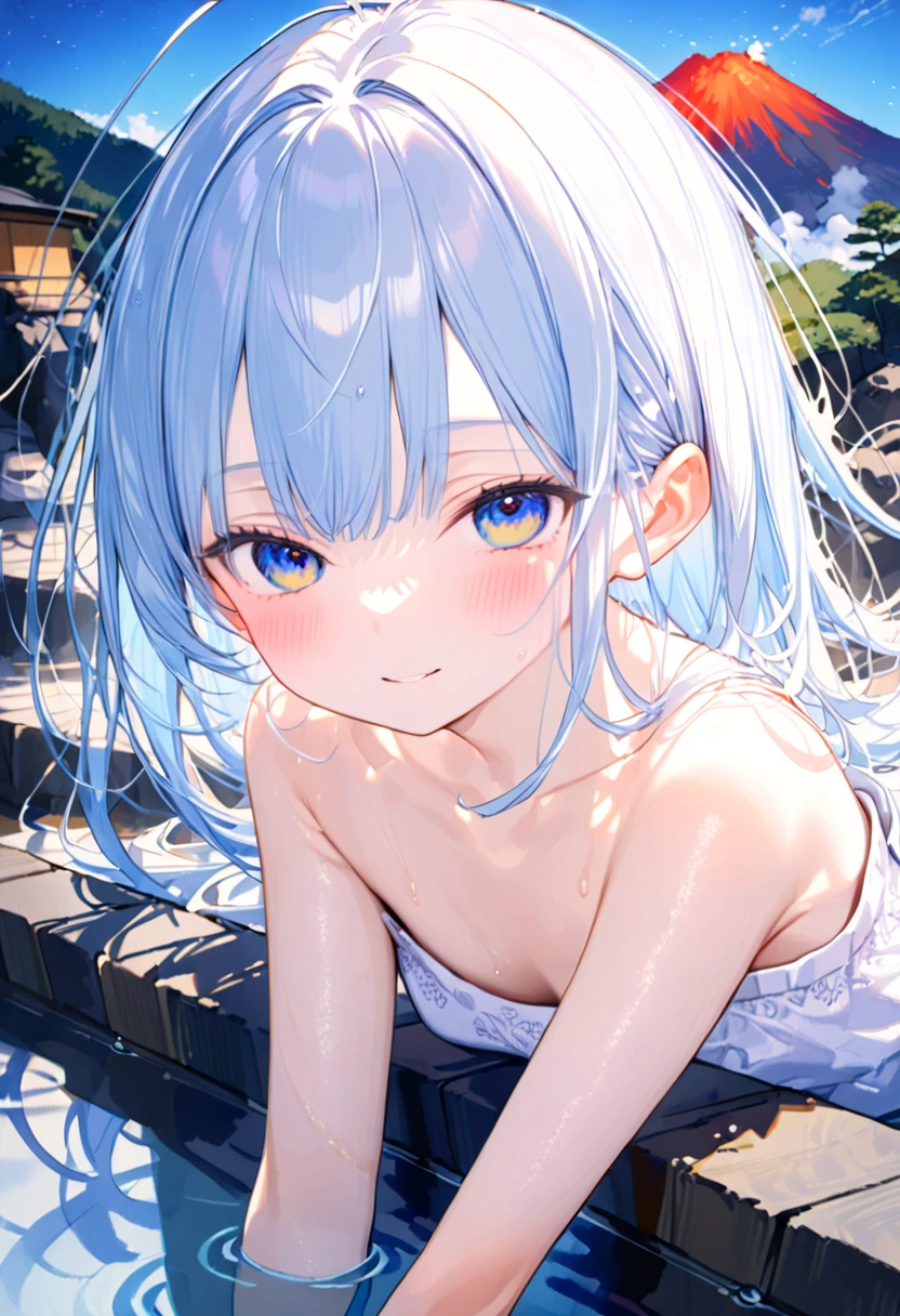 masterpiece, best quality, extremely detailed, (illustration, official art:1.1), 1 girl ,(((( light blue long hair)))), ,(((( light blue long hair)))),light blue hair, , long hair ((blush)) , cute face, big eyes, masterpiece, best quality,(((((a very delicate and beautiful girl))))),Amazing,beautiful detailed eyes,blunt bangs((((little delicate girl)))),tareme(true beautiful:1.2), sense of depth,dynamic angle,,,, affectionate smile, (true beautiful:1.2),,(tiny 1girl model:1.2),)(flat chest),((Onsen with a view of the volcano:1.3)), (masutepiece:1.3), (8K, Photorealistic, Raw photo, Best Quality: 1.4), Japanese, (1girl in), Beautiful face, (Realistic face), Beautiful hairstyle, Realistic eyes, Beautiful detailed eyes, (Realistic skin), Beautiful skin, Attractive, 超A high resolution, A hyper-realistic, Highly detailed, Golden ratio,School uniform. (Sony Alpha 1, 50.1 megapixel full-frame CMOS sensor, 8K video recording function), (telephoto lens), (Realistic),(8K, 超A high resolution, Best Quality, masutepiece:1.2),Ultra-detailed,beautifull detailed face, FULL ANATOMY,(Beautiful detailed eyes:1.3),masutepiece, Best Quality,Smile, extremely delicate and beautiful, Extremely detailed, nffsw, Unity, 8K Wallpaper, amazing, finely detail, Ultra-detailed, High resolution, Extremely detailed, extremely detailed eye and face,Wet, The whole body is immersed in hot water,Bath Towel Tube Top, (Hakone Onsen ,Kusatsu Onsen,Noboribetsu Onsen,Dogo Onsen,Beppu Onsen Village),Night,
