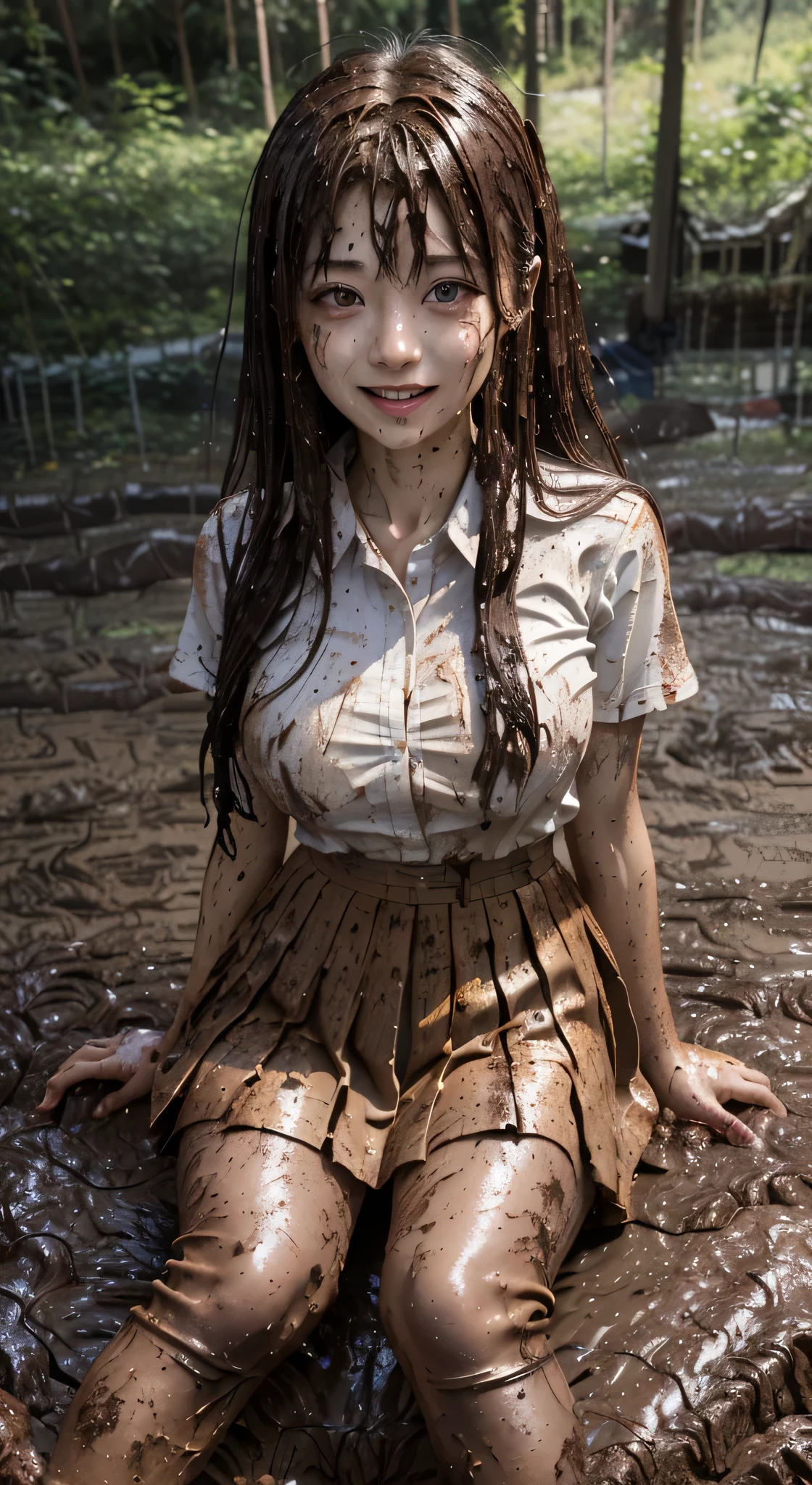  School Girl in the Woods  ,  Japanese, Japanese Forest , (((Muddy :1.55))),  The waistband on her skirt is above her chest , Big Breasts for Female Students  , Red Knot ,  red ribbon  ,  SKIRT DARK RED  ,  checked skirt ,  pleated skirt ,  dirty white shirt ,  realistic 、top-quality、Clear photos 、A lot of trash and junk 、(( beautiful girl、 tight waist、Beautiful face、The most beautiful face、Exquisite face、 dark brown hair 、 refreshing appearance、It looks fun、 happy expression、Joy covered in dirt 、I&#39;m happy to get dirty))、( Dirty High School Girl's Uniform 、Tangier、Muscular Hair)、(( Long and beautiful legs are dirty 、 beautiful small 、Beautiful ass girl、 scooping up dirt with both hands 、 beautiful girlの髪は泥に覆われています、Joy lying in dirty sewage))、((( Wants to Paint Her Body with Filth .、 A large amount of sewage flows down 、My whole body is full of dirt 、 stick out your buttocks and spread your legs、 A lot of dirty trash and waste ,,、Mountain of trash)) ,  twin tail hair  , Dirty white pantyhose , School boots, dirty white socks, 