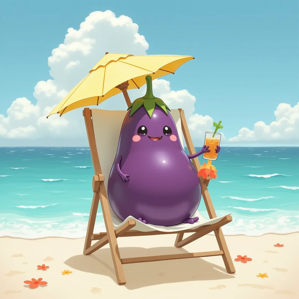 (masterpiece:1.2,Superior Quality,Mirror finish,, Movie experience ,  best illustration :2.0, super detailed),8k,wallpaper, Rain of Petals ,( Japanese purple eggplant :2.0),(eggplant is sunbathing on the reclining beach chair under the beach parasol at ocean beach and drinking tropical drink:2.0),,( eggplant soars :2.0),("eggplant "),(Front:2.0),(dynamic),(cute:2.0),(cuteイラスト:2.0)
