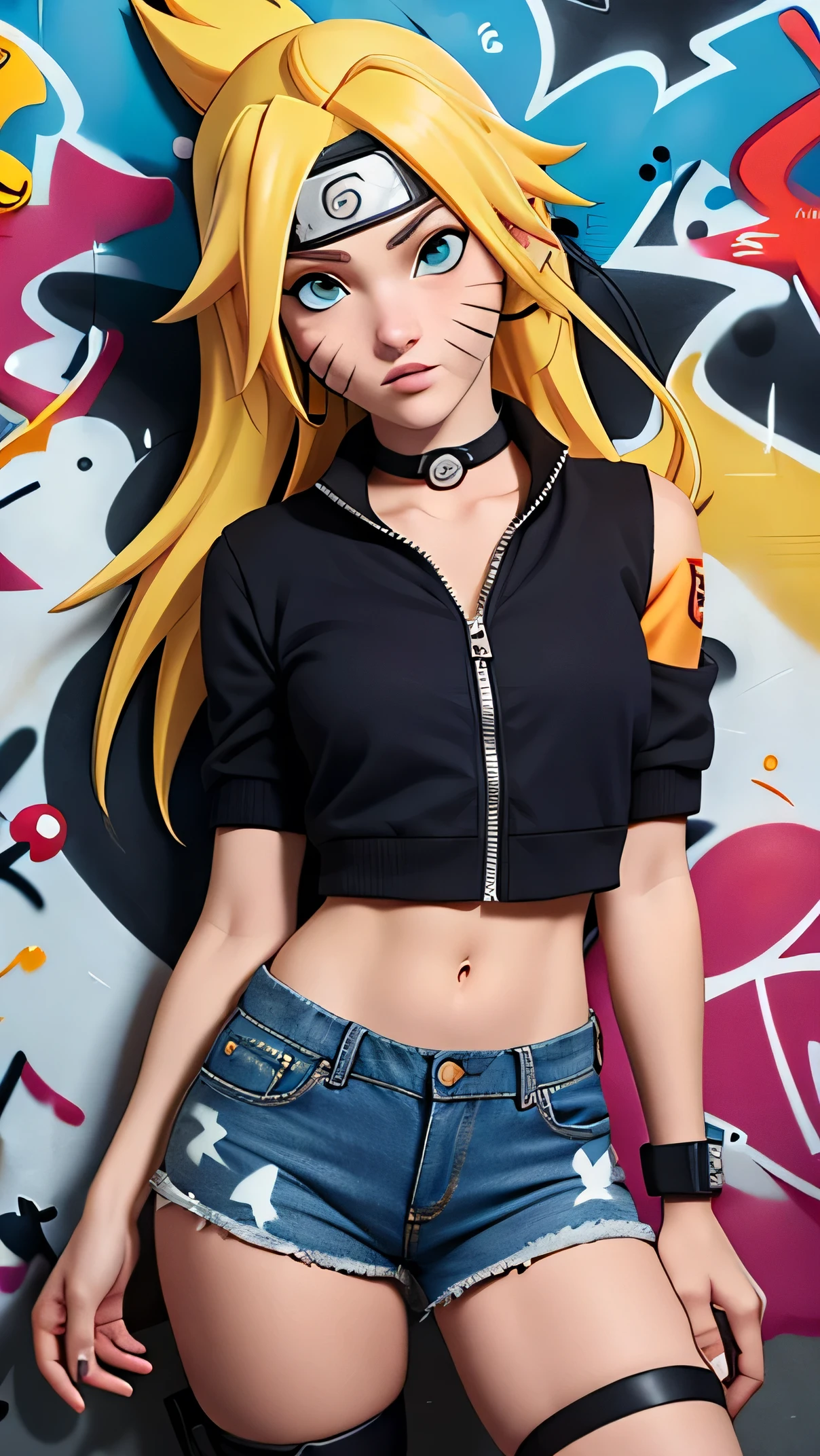 masterpiece, best quality, 1girl, solo, crop top, denim shorts, choker, (graffiti:1.5), arms behind back, against wall, looking at viewer, armband, thigh strap, head tilt, bored, blonde hair, aqua eyes, headset, Naruto jutsu sexy (naruko Uzumaki).