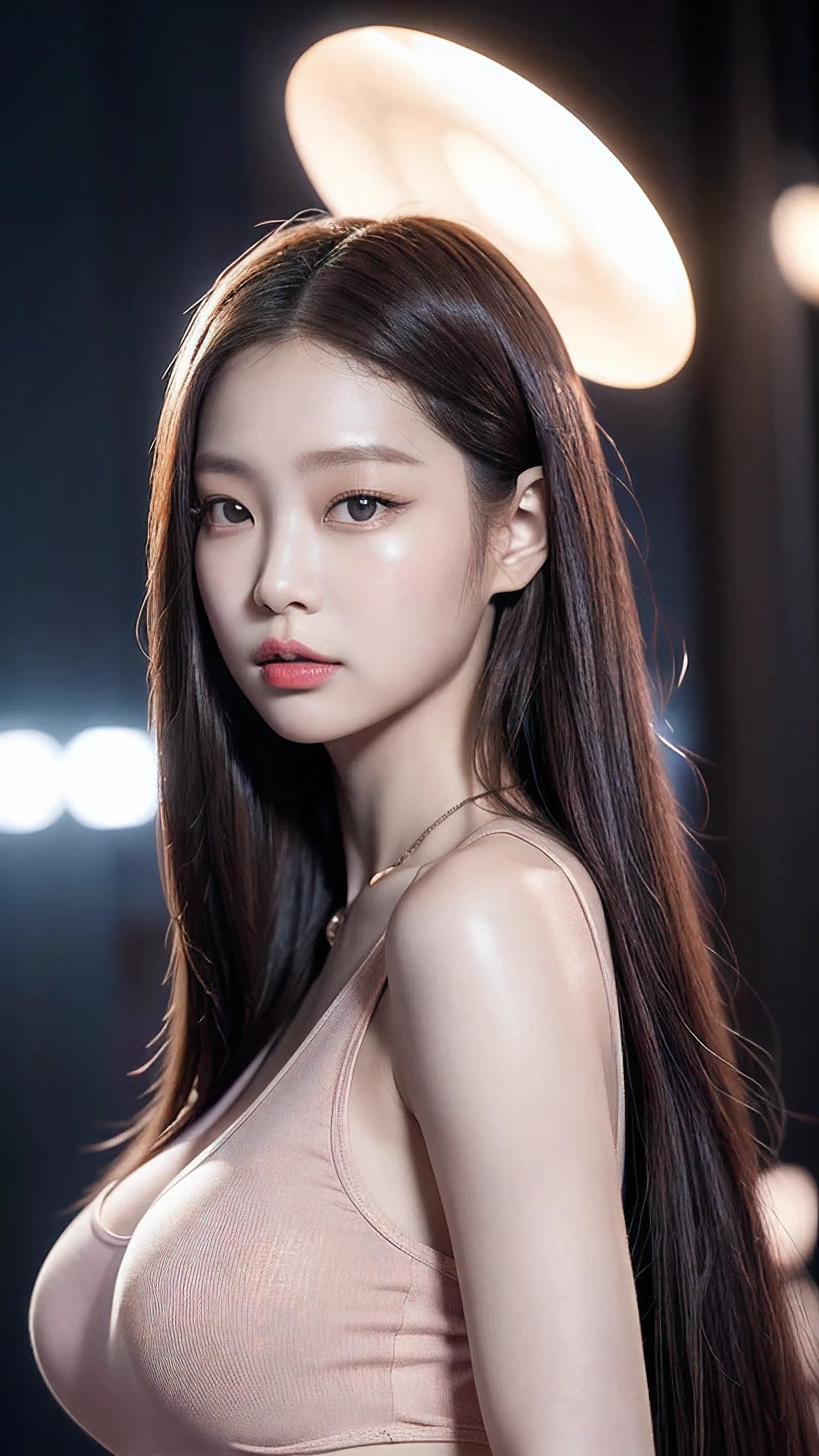 Pale skin, mature lady, 18 years old,elegant, like jennie kim face, oval face, dark brown hair, straight long hair, brown eyes, tight colossal breast size,  solo, high quality cg, 8K resolution, Sharp photo, pink lips, realistic, Perfect image details, underboob t-shirt,  random background,  korean_race_queenv2