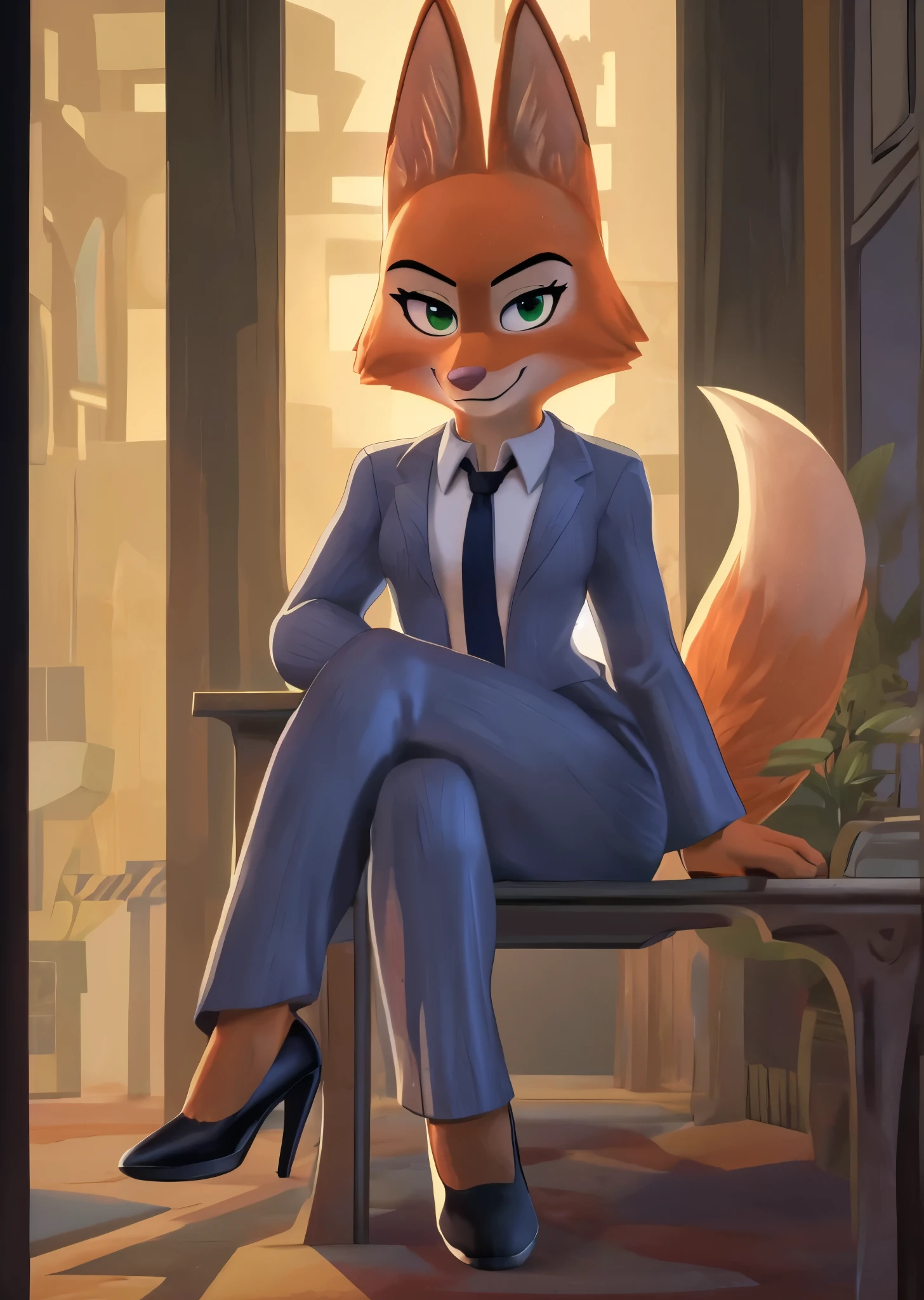 [Diane Foxington], ((masterpiece)), ((HD)), ((High res)), ((solo portrait)) ((front view)), ((full body)), ((feet visible)),  ((detailed fur)), ((detailed shading)), ((cartoon aesthetic)), ((beautiful render art)), ((intricate details)), {(slim figure), (orange fur), (pink nose), (fox tail), (cute green eyes), (white highlights in eyes), (long eyelashes), (curvy hips), (beautiful legs), (defined feet), (cute smirk)}, {(grey pantsuit), (black tie), (black heels), (eye piercing; LEFT eye)}, {(sitting), (crossed legs), (looking at viewer)}, [ambient lighting, office, window blinds]