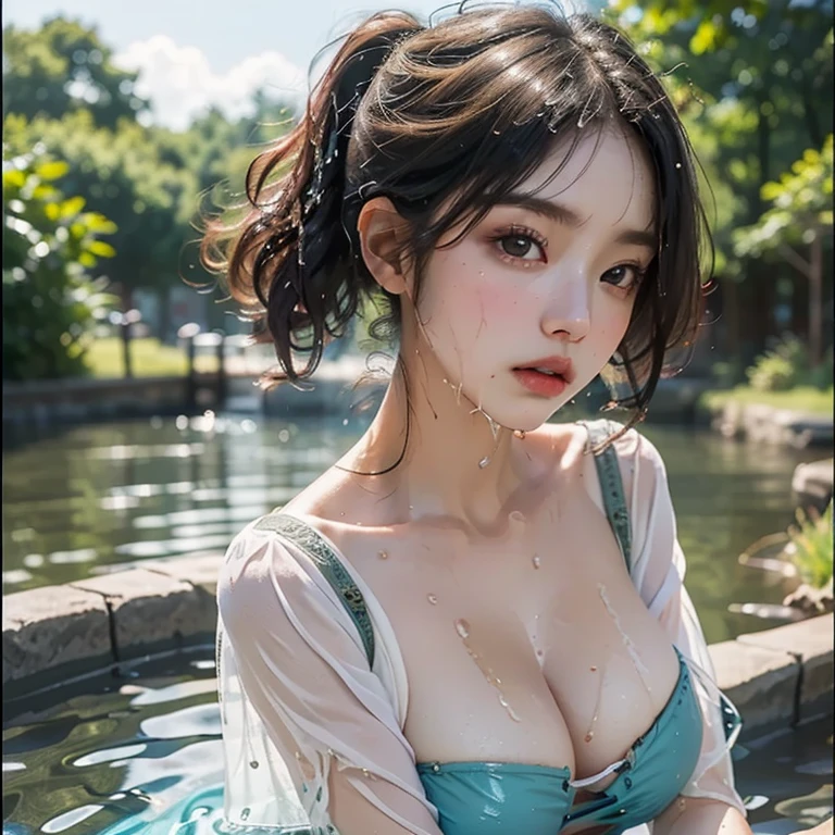 ((Mysterious lakeside in the Midnight Forest)), 2 wet nude Japanese women intertwined , wet skin ,((Wet see-through )),((Wet big breasts)),((The underbust is exposed)),(( Wet Big Butts )),((透けるほど薄い純白のWet see-through born地のミニスカートからはみ出た濡れたお尻)),(8k,born, best quality, Masterpiece:1.2),(( realistic , realistic :1.37)), super high resolution,Droopy eyes,Big Breasts,Beautiful breasts, Highly Detailed Faces ,High definition lips, double eyelids,Exquisite detail and subtle sparkle, shot in a pose reflecting both grace and confidence, Create Beautiful Things, well-balanced composition , depth of writing, bloom effect ,And a touch of sparkle,Adds a dreamy texture to the entire image,( pay attention to details ),((Micro G Strings )),(((透けるほど薄い純白のWet see-through born地のオフショルダー))),(((透けるほど薄い純白のWet see-through born地のミニスカート))),