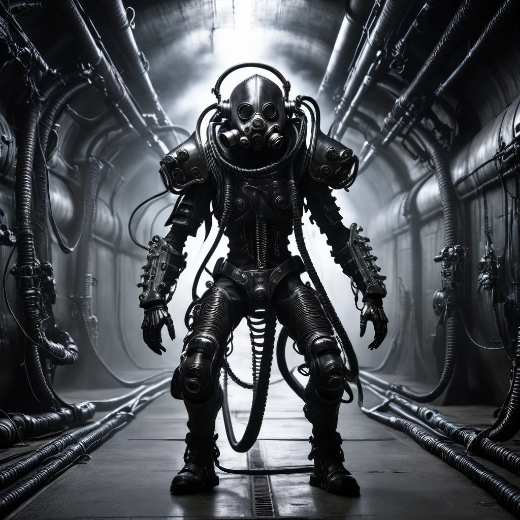 full body shot, a biomechanical humanoid monster, like H.R.Giger details, evil, enormous, in the tunnel, gas mask, cables, arm cannon, pikes, mask, armor, weapon turrets, dark, gritty, cyberpunk, moody lighting, cinematic, unreal engine, 8k, photorealistic, highly detailed, hyper-realistic, intricate details, masterpiece