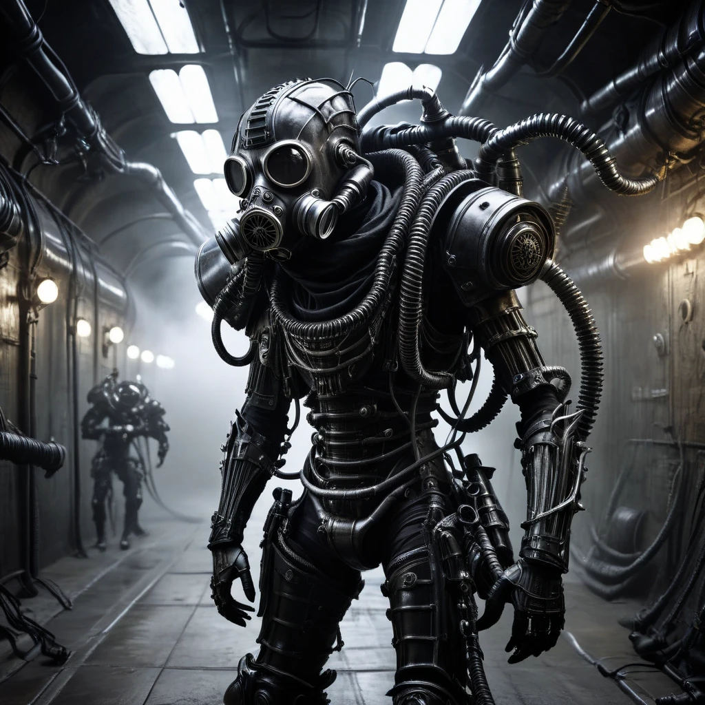 full body shot, a biomechanical humanoid monster, like H.R.Giger details, evil, enormous, in the tunnel, gas mask, cables, arm cannon, pikes, mask, armor, weapon turrets, dark, gritty, cyberpunk, moody lighting, cinematic, unreal engine, 8k, photorealistic, highly detailed, hyper-realistic, intricate details, masterpiece