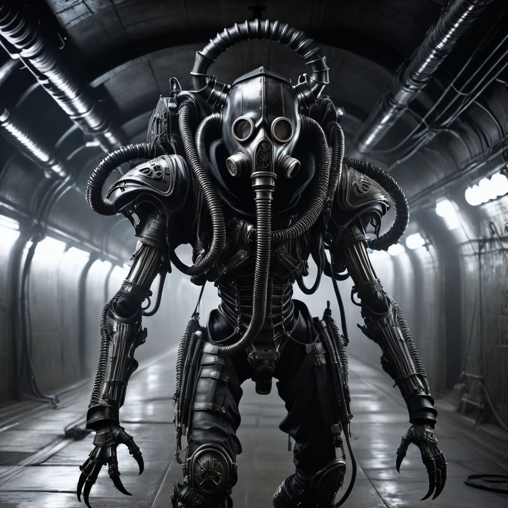 full body shot, a biomechanical humanoid monster, like H.R.Giger details, evil, enormous, in the tunnel, gas mask, cables, arm cannon, pikes, mask, armor, weapon turrets, dark, gritty, cyberpunk, moody lighting, cinematic, unreal engine, 8k, photorealistic, highly detailed, hyper-realistic, intricate details, masterpiece