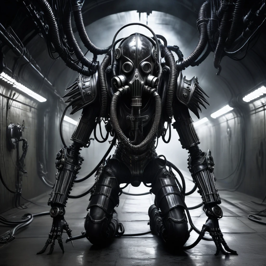 full body shot, a biomechanical humanoid monster, like H.R.Giger details, evil, enormous, in the tunnel, gas mask, cables, arm cannon, pikes, mask, armor, weapon turrets, dark, gritty, cyberpunk, moody lighting, cinematic, unreal engine, 8k, photorealistic, highly detailed, hyper-realistic, intricate details, masterpiece