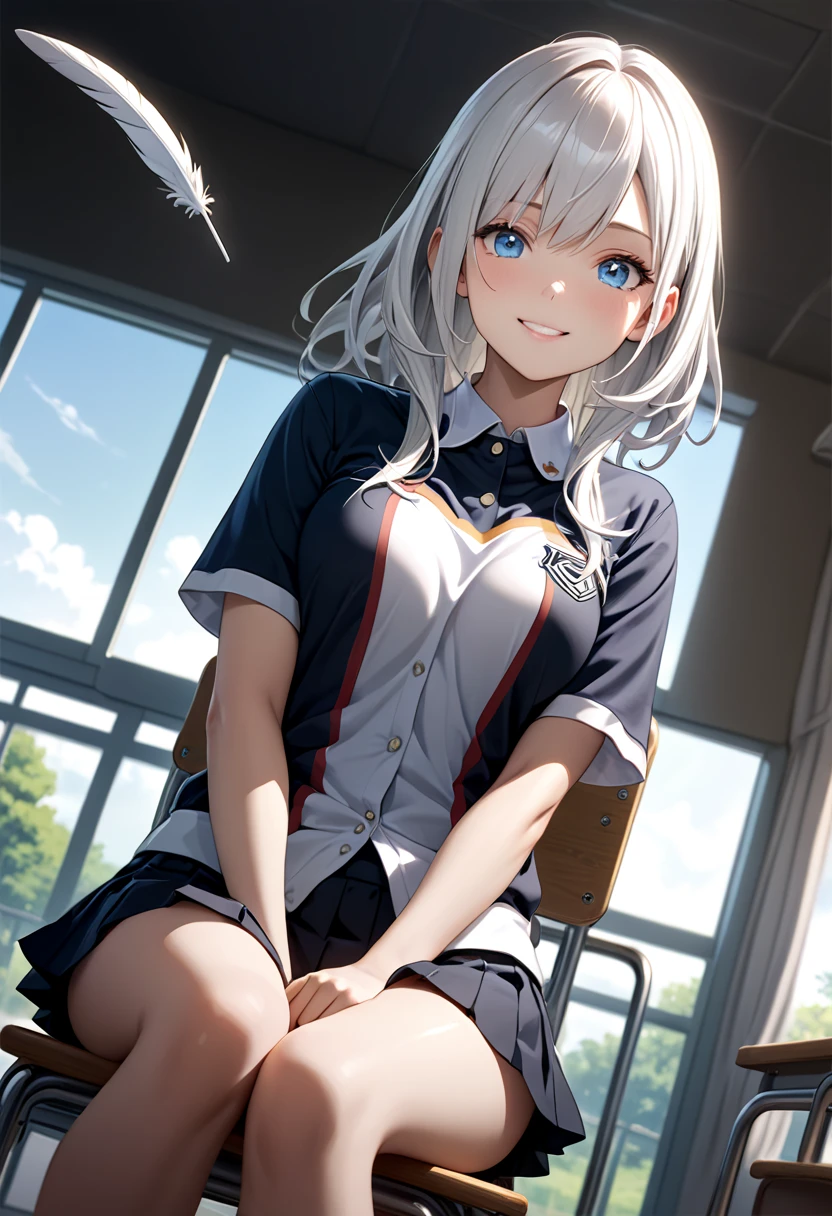 female, adult, blue eyes, White hair, Long feather-like hair, black and blue campus uniform, Mini Pleated Skirt, masterpiece, Noise Reduction, Perfect Anatomy, High Resolution, Super detailed, Game CG, Dutch angle, exquisite details, visual arts、 Perfect hands、Bright lighting、daylight、fantasy、classroom、sitting on a school chair, smiling face, facing the window