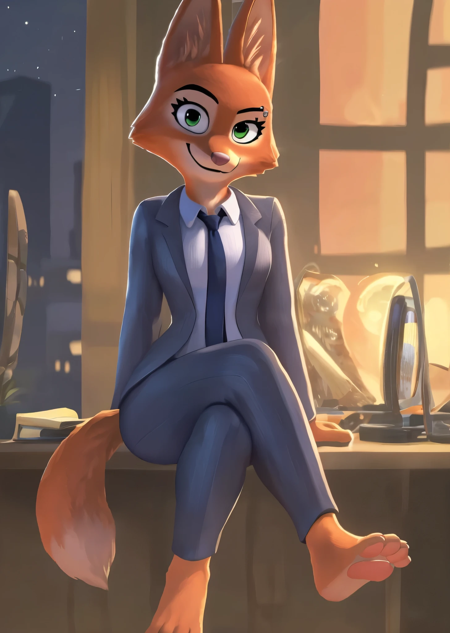 [Diane Foxington], ((masterpiece)), ((HD)), ((High res)), ((solo portrait)) ((front view)), ((full body)), ((feet visible)),  ((detailed fur)), ((detailed shading)), ((cartoon aesthetic)), ((beautiful render art)), ((intricate details)), {(slim figure), (orange fur), (pink nose), (fox tail), (cute green eyes), (white highlights in eyes), (long eyelashes), (curvy hips), (beautiful legs), (defined feet), (paw pads), (cute smirk), (raised brow)}, {(grey pantsuit), (black tie), (eye piercing; LEFT eye)}, {(sitting), (crossed legs), (looking at viewer)}, [ambient lighting, office, window blinds]