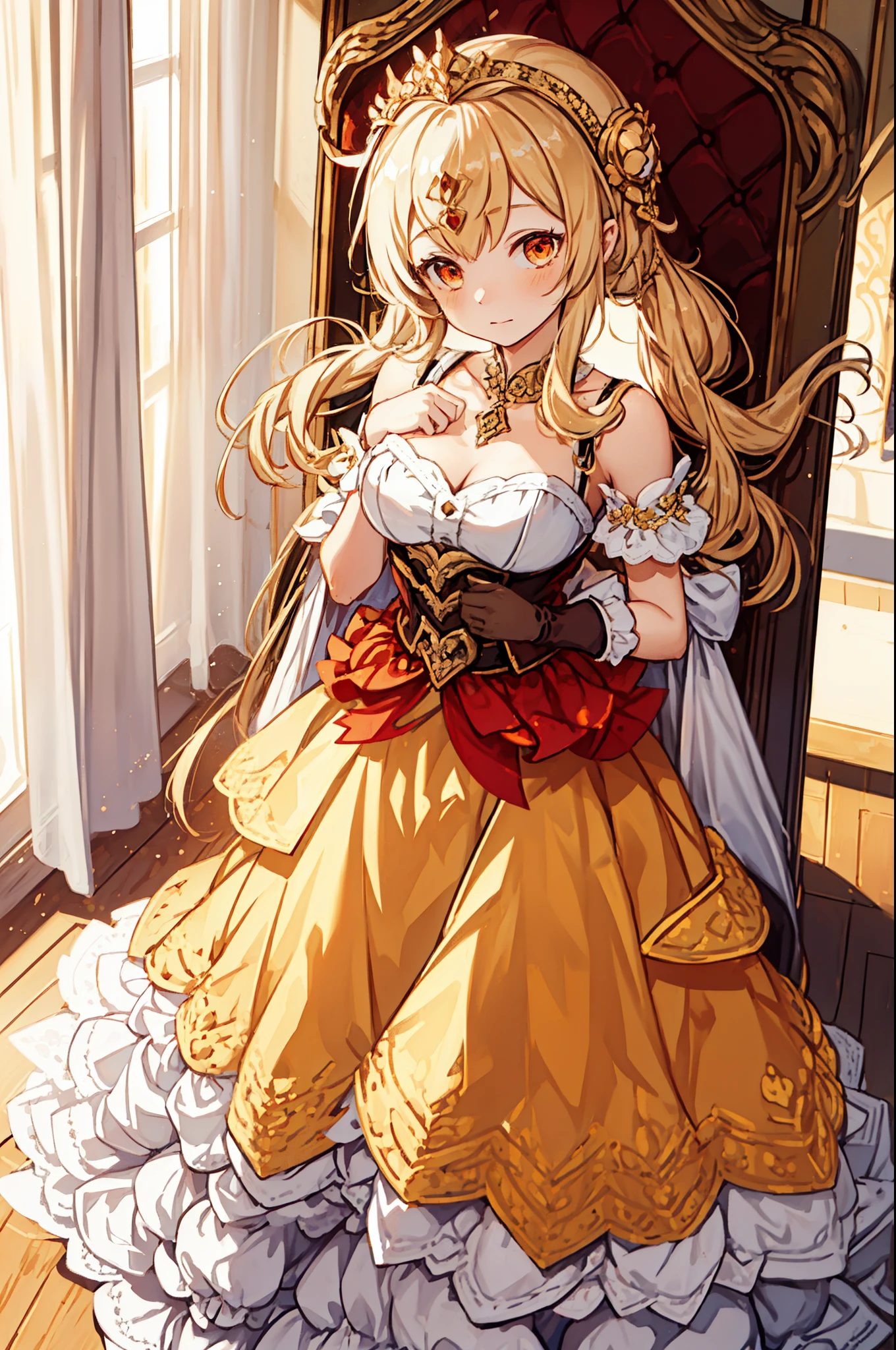 Teenage Girl， charming，gorgeous，In Love ，sacred，( Yellow and White Princess Skirt :1.3)，blond，klee， red eyes， Minimalism ， Multi-layer exquisite ruffles ，Lots of Lace，( Lines on clothes :1.2)，( Exquisite clothing :1.1)，(Multi-layer Skirt ),Princess Crown， Perspective tulle garment ， Beautiful detailed face ， Bedroom scene in Western mythology， movie lights ，night，Single， Metallic Decoration ，lace,(shine:1.2), ( Best Quality ), (masterpiece:1.2)