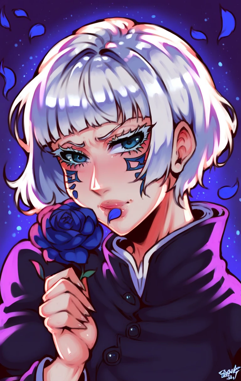 Ultra detailed, HDR, Highres, absurdres, master piece, Gojou Satoru, expressive blue eyes, white hair with bangs, white eyelashes, Jujutsu Kaisen, black coat with patterns, black tight shirt, purple glittering butterflies, purple ice, petals, purple ice roses, sexy man, solo, extremely detailed face and eyes, extremely handsome, glittering, glittering eyes, realistic face,