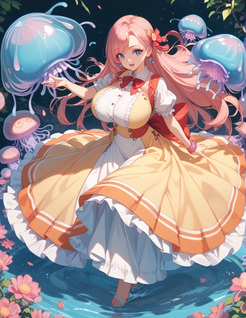 Pretty girl yes,huge-breasted,kawaii,(Jellyfish girl:1.2),bbw、 arms behind back,under the water,frilly dress,