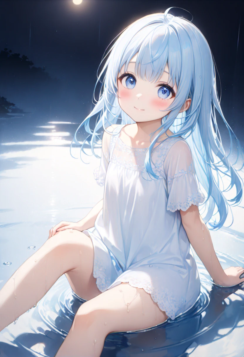 masterpiece, best quality, extremely detailed, (illustration, official art:1.1), 1 girl ,(((( light blue long hair)))), ,(((( light blue long hair)))),light blue hair, , long hair ((blush)) , cute face, big eyes, masterpiece, best quality,(((((a very delicate and beautiful girl))))),Amazing,beautiful detailed eyes,blunt bangs((((little delicate girl)))),tareme(true beautiful:1.2), sense of depth,dynamic angle,,,, affectionate smile, (true beautiful:1.2),,(tiny 1girl model:1.2),)(flat chest),1girl, solo, breasts, looking at viewer, blush, short hair, bangs, sitting, closed mouth, sky, barefoot, water, feet, wet, toes, night, towel, covering, night sky, knees up, partially submerged, onsen