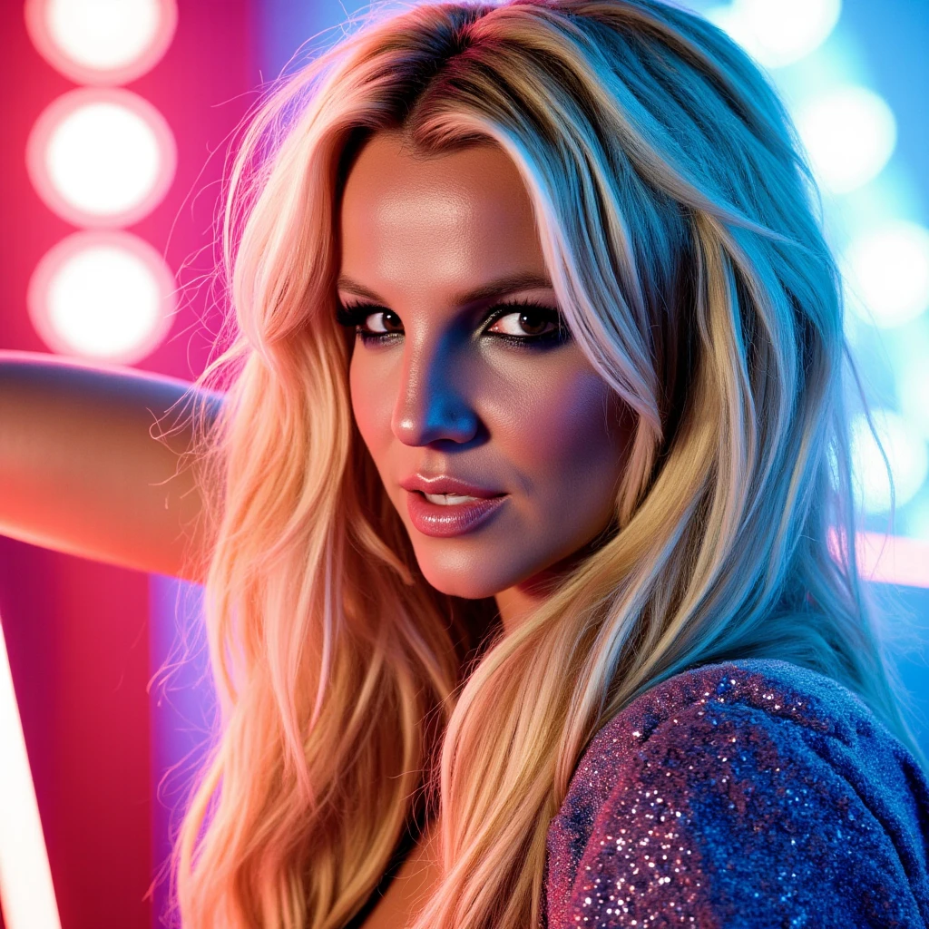 a photo portrait of Britney Spears, close-up, blurred lights, fast lights, neon lights, neon themed, neon colors, neon painting, neon splash, neon paint splatter, neon background, night club, futuristic, wearing a neon outfit, shiny neon details, colorful neon, rainbow, messy blonde hair, High Resolution, Accurate, Masterpiece, Anatomically Correct, Best Quality, HD, UHD, Textured Skin, serious expression, seductive 