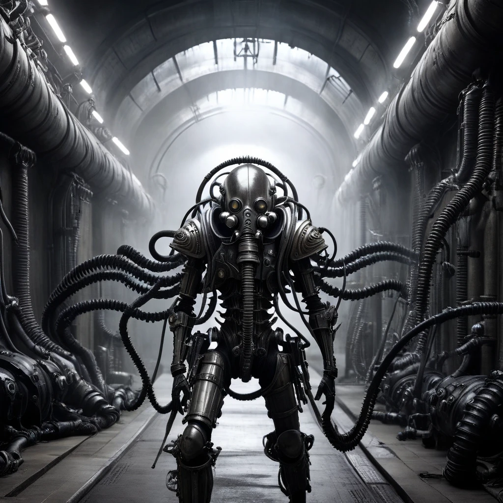 full body shot, a biomechanical humanoid monster, like H.R.Giger details, evil, enormous, in the tunnel, gas mask, cables, arm cannon, pikes, mask, armor, weapon turrets, dark, gritty, cyberpunk, moody lighting, cinematic, unreal engine, 8k, photorealistic, highly detailed, hyper-realistic, intricate details, masterpiece