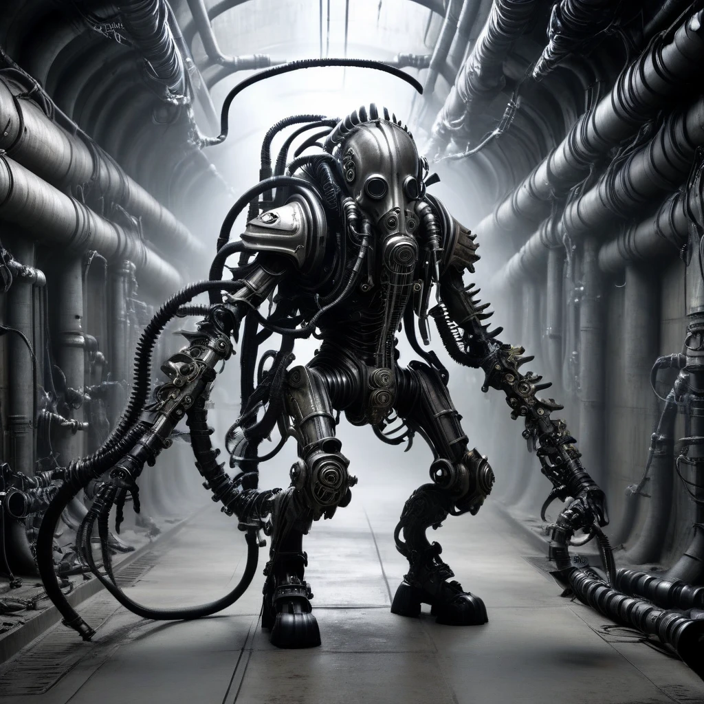 full body shot, a biomechanical humanoid monster, like H.R.Giger details, evil, enormous, in the tunnel, gas mask, cables, arm cannon, pikes, mask, armor, weapon turrets, dark, gritty, cyberpunk, moody lighting, cinematic, unreal engine, 8k, photorealistic, highly detailed, hyper-realistic, intricate details, masterpiece