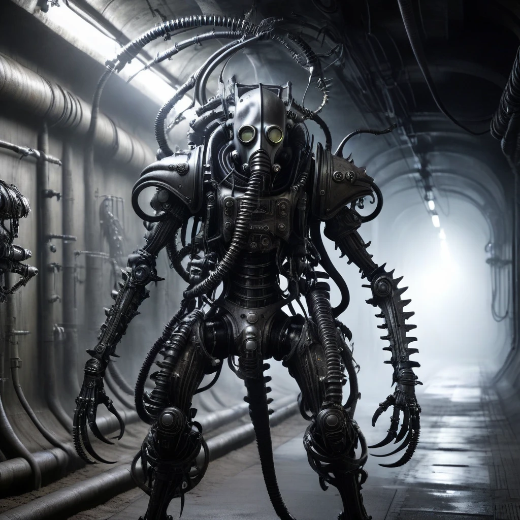 full body shot, a biomechanical humanoid monster, like H.R.Giger details, evil, enormous, in the tunnel, gas mask, cables, arm cannon, pikes, mask, armor, weapon turrets, dark, gritty, cyberpunk, moody lighting, cinematic, unreal engine, 8k, photorealistic, highly detailed, hyper-realistic, intricate details, masterpiece