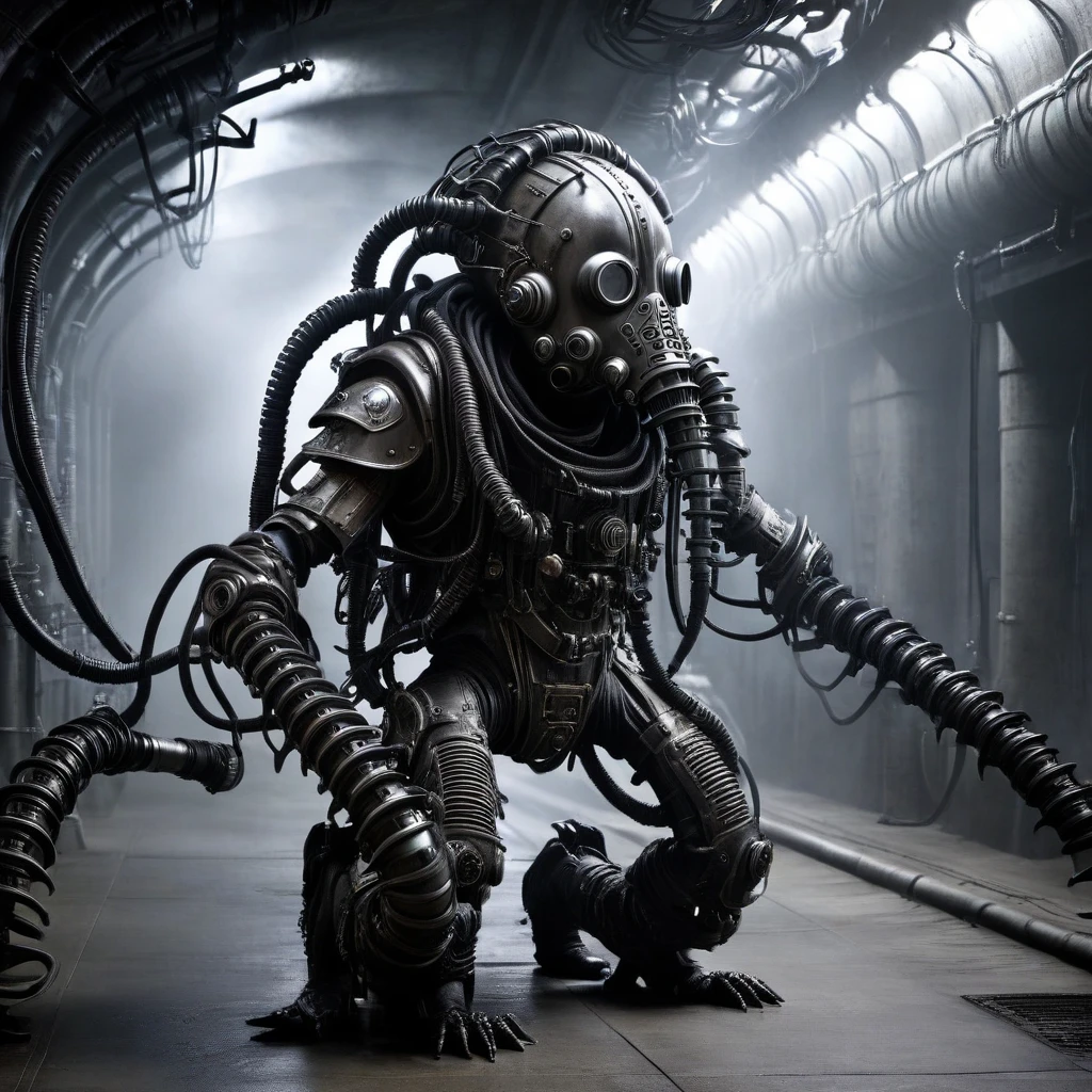 full body shot, a biomechanical humanoid monster, like H.R.Giger details, evil, enormous, in the tunnel, gas mask, cables, arm cannon, pikes, mask, armor, weapon turrets, dark, gritty, cyberpunk, moody lighting, cinematic, unreal engine, 8k, photorealistic, highly detailed, hyper-realistic, intricate details, masterpiece