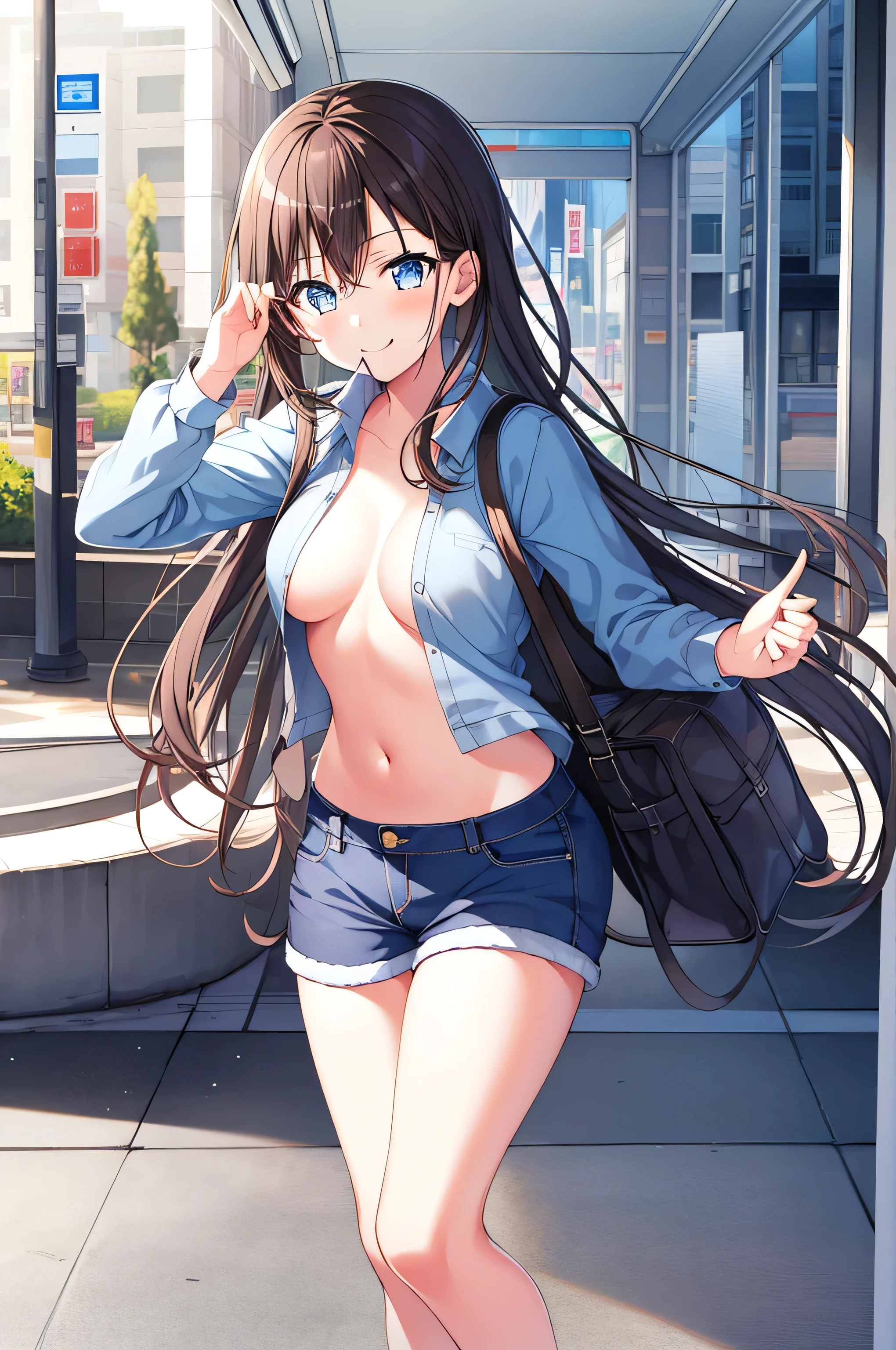 (kinako_(shiratama mochi) style), grass_wonder_\umamusume\), ((topless)), choker, nsfw, masterpiece, denim shorts, buttoned, leather belt, holding smartphone, solo, 1 girl, horse ears, horse tail, erect nipples, nipples, navel, bare breasts, bare stomach, sweaty, cowboy shot, hair ornament, outdoors, new york, broadway, collarbones, night sky, lights, skyscrapers, slim waist, brown hair, long hair, detailed eyes, beautiful eyes, wet, aqua eyes, necklace, gold bracelet, gold cutouts, jewelries, city