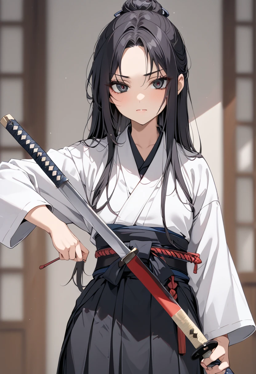 Kendo girl ,  black long hair ,  dark eyed,  sharp eyes , white kendo suit,  black hakama 