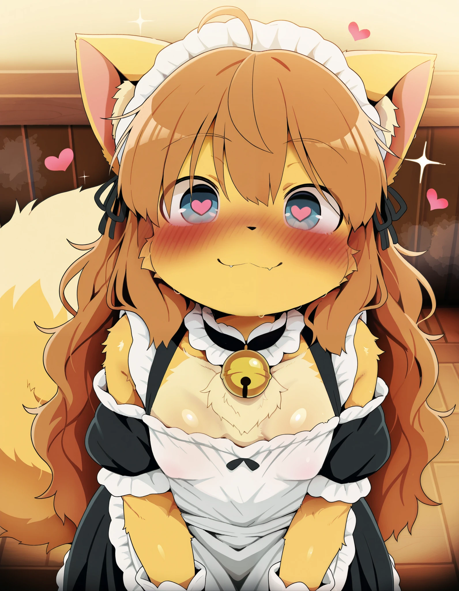 solo, dagasi_style, Dagashi_(Daga2626), score_9,score_8_up, score_7_up,  best quality,best resolution,(fluffy anthro furry), (young),cat girl,small breasts,dark brown hair,long hair,wavy hair,curvy hair,gold canine fur,gold dog tail,gold fur,blue eyes,glistering eyes,sparkle eyes,small bell collar,maid outfit,maid headdress,maid gloves,ruffles,beautiful cafe,looking at viewer,full face blush,happy face,smile,heart eyes,heart expression eyes,very close eyes,one eyes close,sexy pose, lush breasts