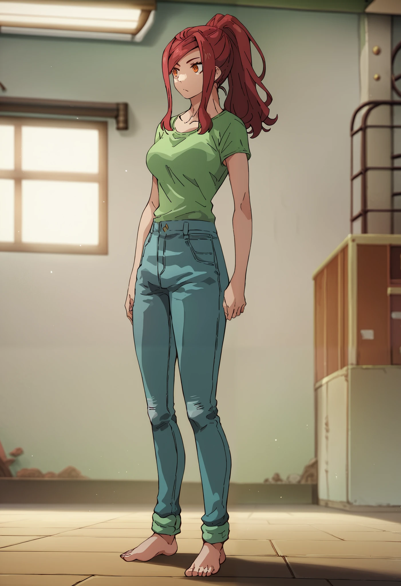 lisa ,((standing up)),(full body in view) , 1 girl, solo, red hair, ponytail, long hair, large medium chest, indoors, orange eyes,(jeans, green top), ((ракурс сбоку)), фокус на ноги