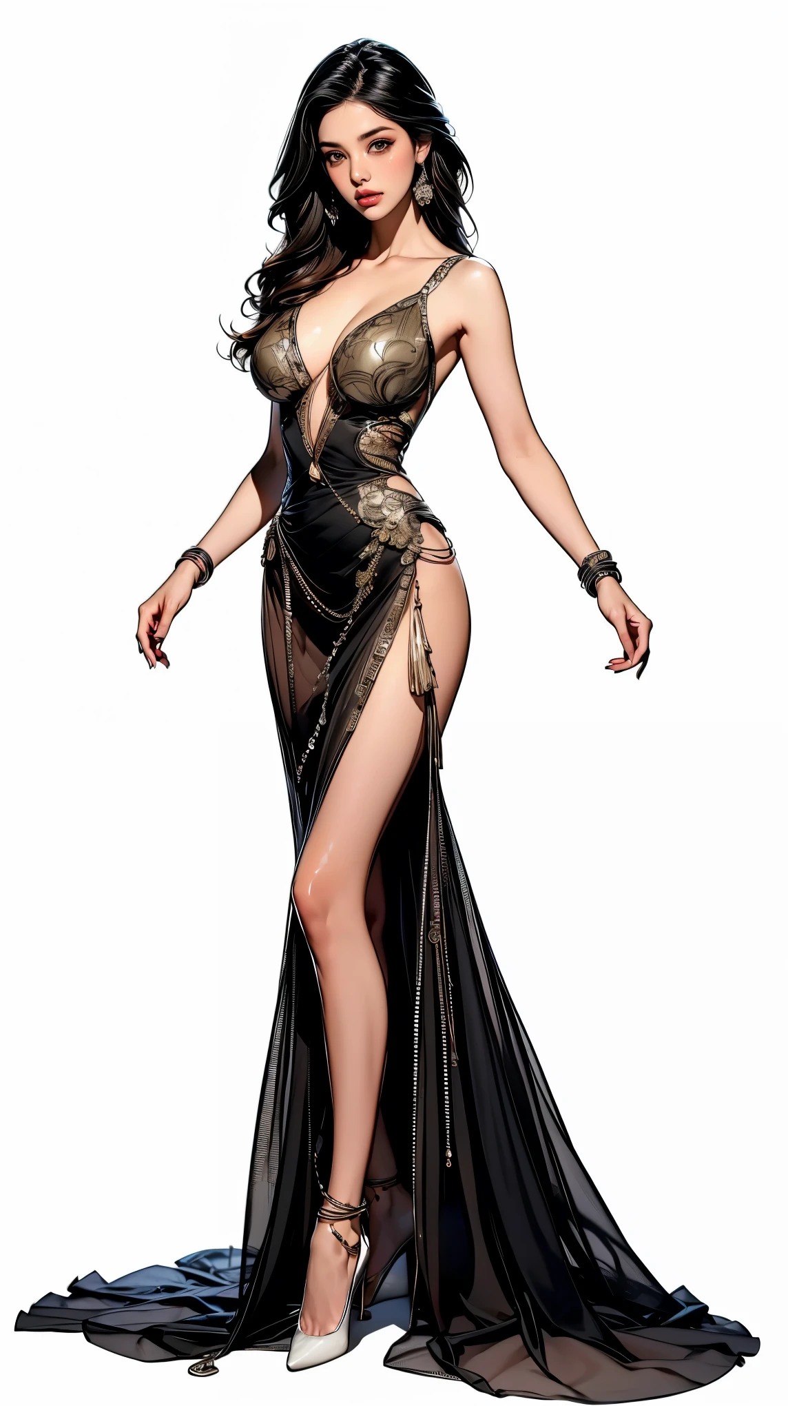 Middle distance full body, Double eyelids，Chocolate eyes，Sharp eyes, long hair, ponytail,Sexy short cheongsam sleeveless high slit,Dark green,A girl,A woman,Full body painting,Full body painting,High heel,Full body painting,Full body painting