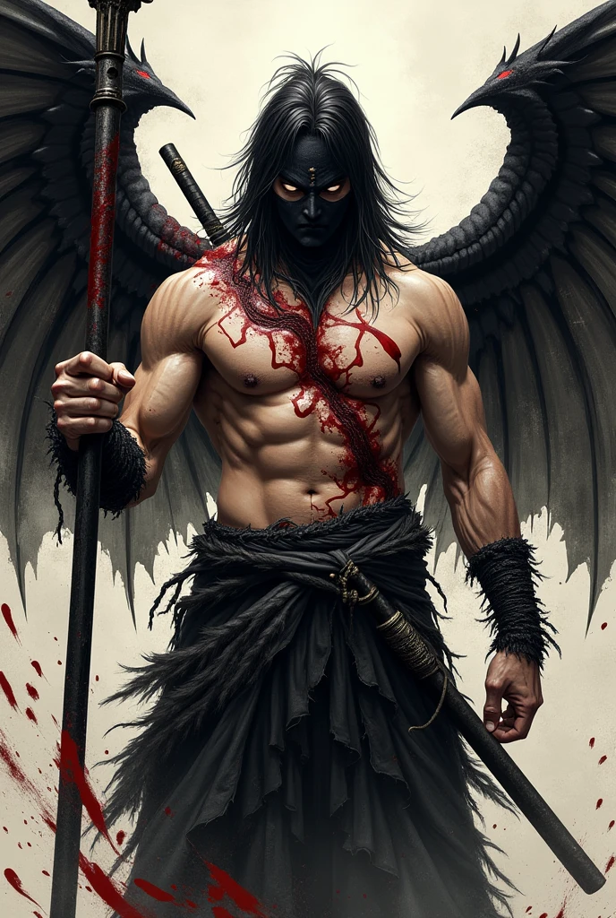 A dark, intense scene of self-sabotage depicted in a blend of Baroque and Renaissance-inspired painting style. The central figure is a muscular, winged man, twisted in agony as he tears himself apart with his own hands, his face contorted in pain and determination. Blood and wounds cover his body, with one hand holding a jagged blade plunged into his side, while the other pulls at chains wrapped around his neck. The background is a chaotic storm, with fiery clouds and dark shadows swirling around, symbolizing inner turmoil. The color palette is dominated by deep reds, browns, and blacks, with sharp contrasts of light and dark, highlighting the dramatic tension and the violence of the scene. The composition is dynamic, with movement suggested by the figure's twisted posture and the swirling clouds, drawing the viewer's eye through the brutal, self-inflicted destruction.