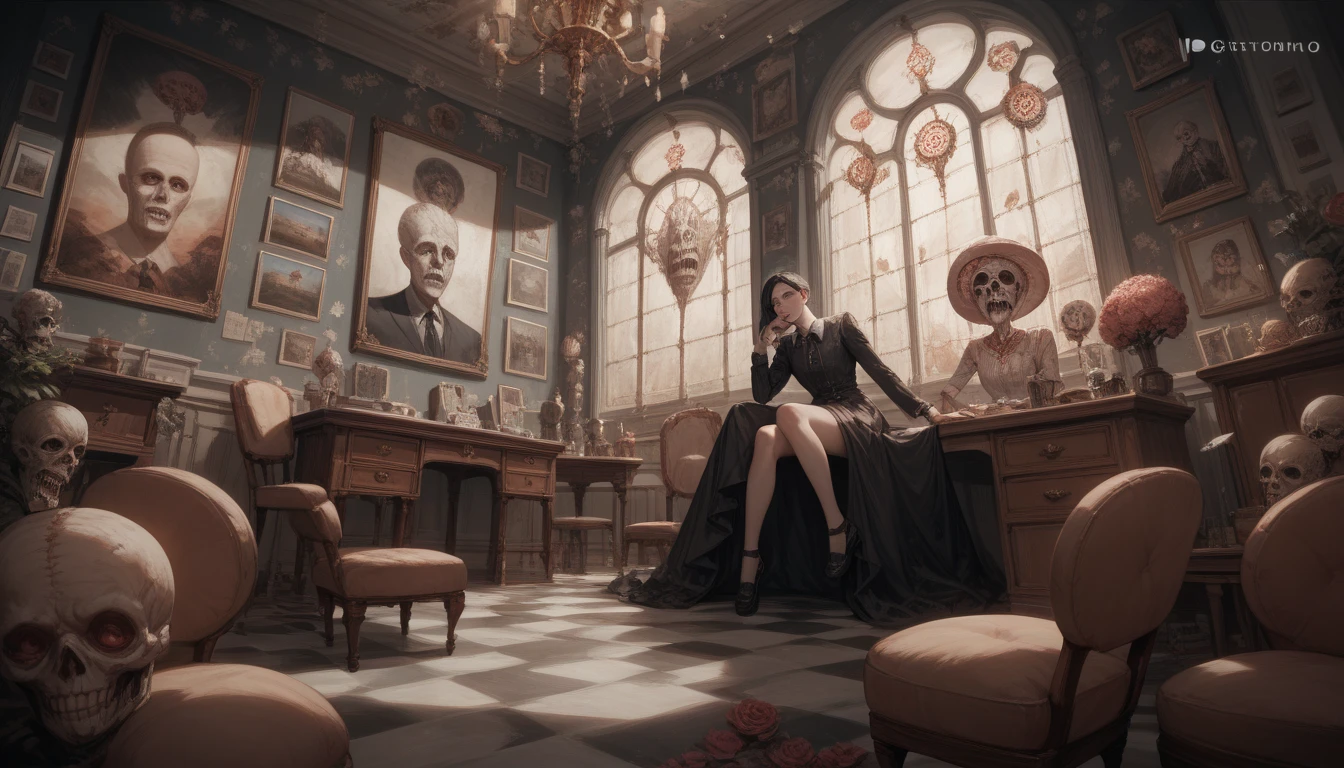 Close, Realistic, dystopian, Zzław Beksinski style, Zzław Beczynski style, Wide shot, Press the top, ultrawide, Sony FE GM, A girl sits in a silver-white public dining room. The girl's upper body is white, And her shirtless skin looked pale and terrible. Her hair is shiny, Expressive hairstyle, But the strands are mixed with unnatural blacks and grays. Her eyes were crazy and empty, The pupils are abnormally dilated, There was no life in her eyes, As if hollow. Her lips parted，Laughing nervously, Showing her sharp teeth. Her body leaned forward, It gives a feeling of unease and tension. Bright restaurant, But the geometry and lines on the walls and floors became distorted and misaligned. Some blurry faces or ghostly images can be added to the wall，It feels ominous. gauges, Dining room chairs and decorations can also have strange shapes and colors, Add dystopian horror atmosphere. The girl looked up at the window, But outside the window was a dark and distorted scene。. , You can show disturbing scenes, Such as a twisted building, Collapsed cities, and so on. The lights in the room are bright and dazzling, But the lights cast strange shadows, Create an atmosphere of terror