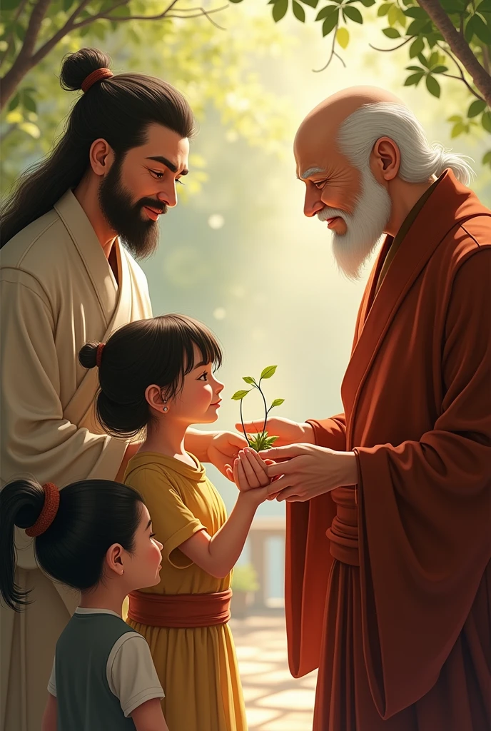 Ancestors walking towards the future handing something to children on a green lawn,  I prosper with flowers, relaxing mandalas 
