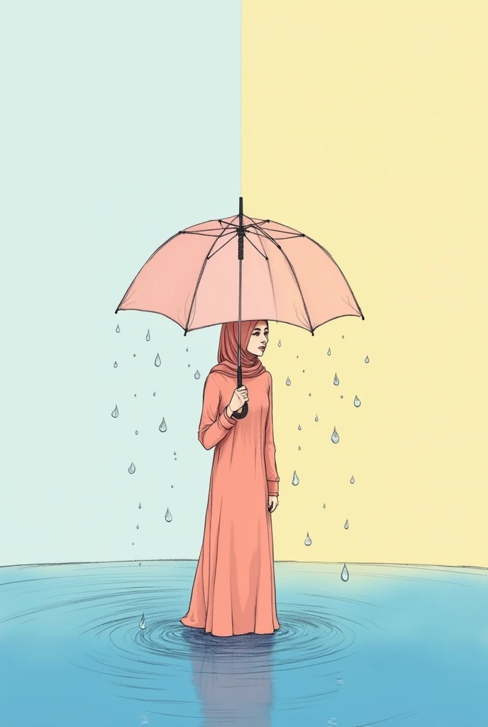 a  year old woman with white hijab sticking out from a pink raincoat, long pant, brown eyes, she smiling and  holding an transparent umbrella in the rain 1 hand reaching out to get rain on her palm. hyper realistic 3D HD watercolor, view 1 whole body from her side.Background at side road.A people pass by slow shutter.