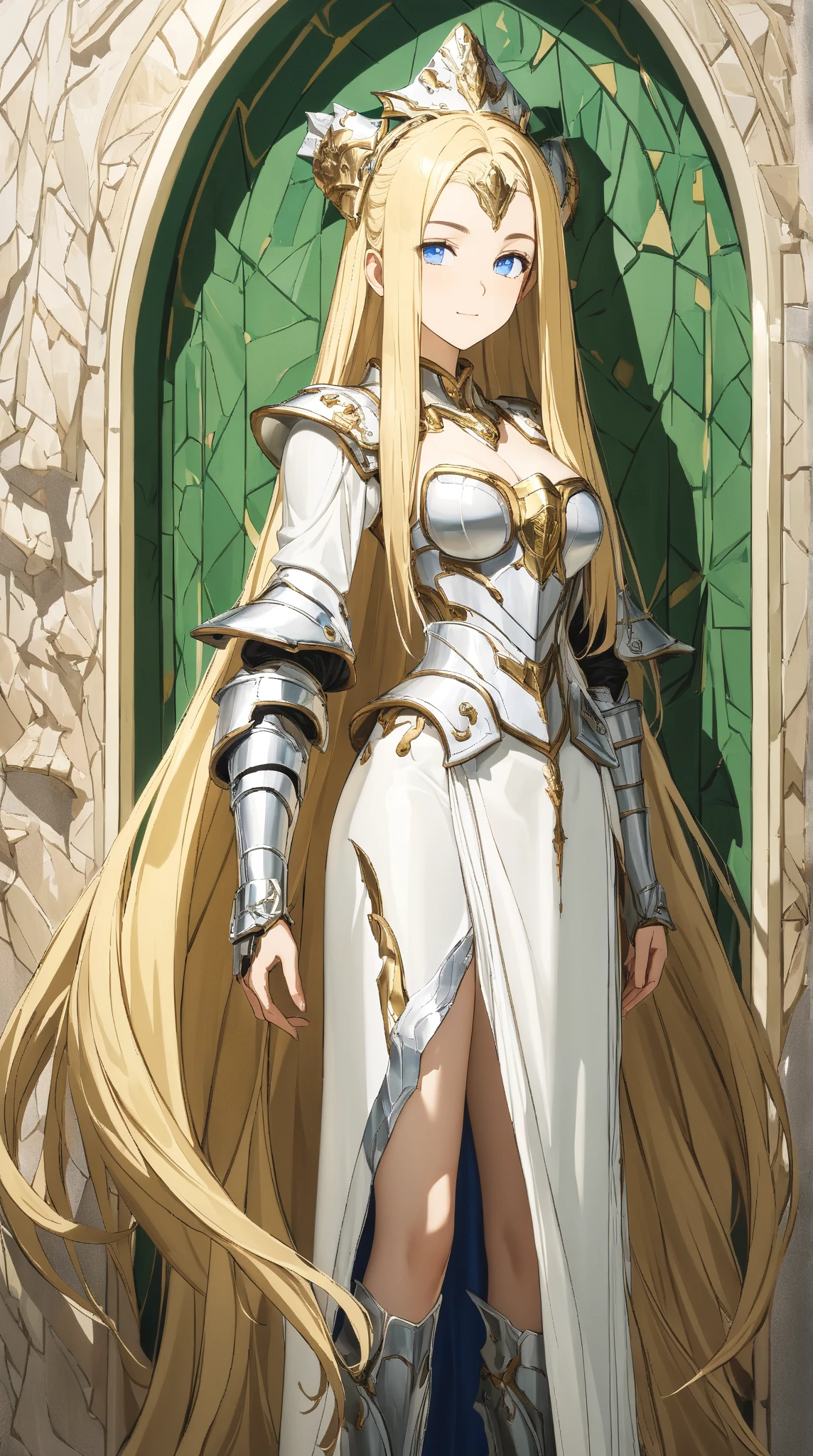 mulher 25 anos, anime, garota solo cabelo loiro, armadura medieval da realeza, armadura com decote ((peitos medios)), detalhes dourados, Uplighting, 8k, Anime traits, altamente detalhado ((muitos detalhes)) olhos detalhados alaranjados, peitos grandes, armadura de ouro, sexy, sensual, rosto atraente, sorriso sensual, olhar sensual