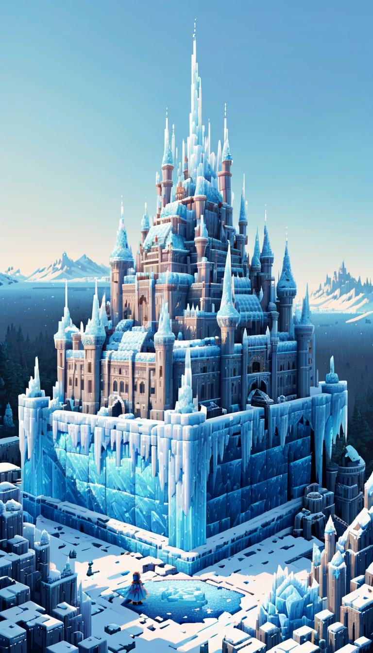 Ice Kingdom, (Pixel art:1.1) ,A girl looking up at a castle, Wide Angle Shot , dynamic angle,ais-icebaby