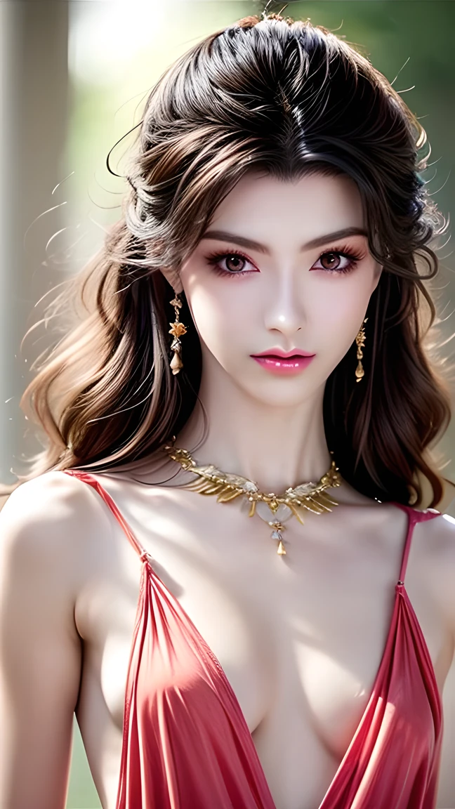  beautiful women、 Straight Hair 、((  brown hair  :1.2))、  Upper Body Closeup 、( Like fluttering hair :1.2)、 Long eyelashes、 big eyes、beautiful eye makeup 、 beautiful shiny skin  、  lovely smile with blush 、  furry fur dress、goddess style 、(( small and erect breasts:1.6))、 gorgeous gemstone necklace 、  with a simple background、 coquettish pose