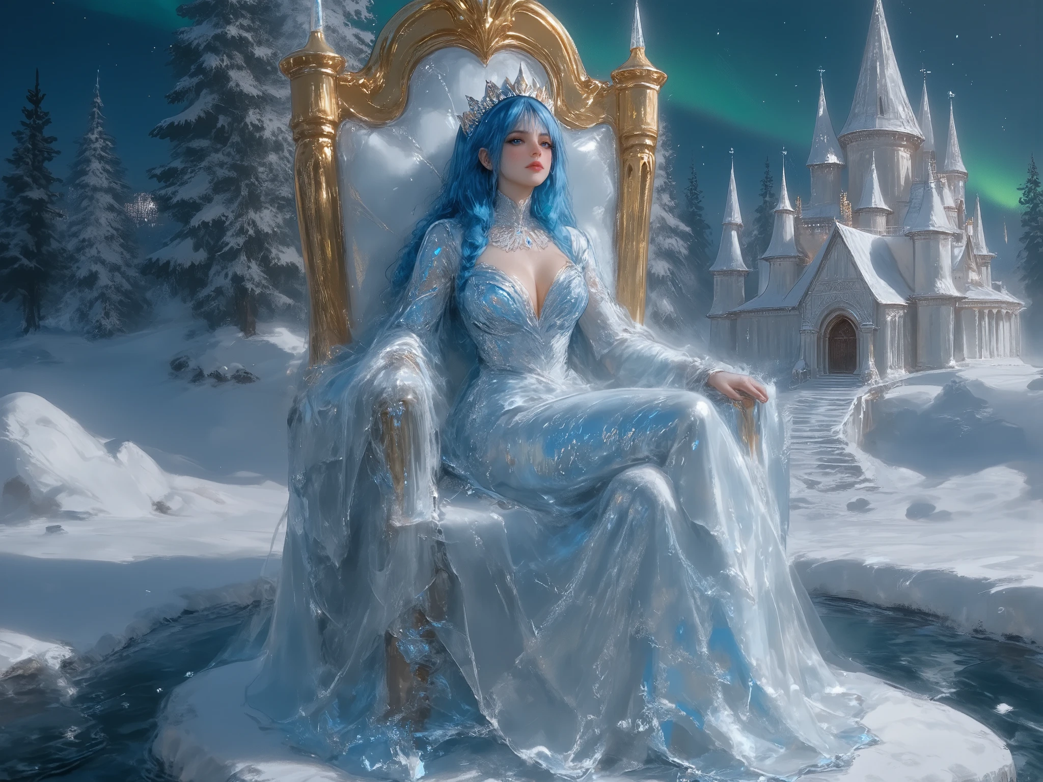 Amidst the silent snows of her icy domain, the Ice Queen with Snowflake Blue hair, her eyes like jewels in the snow and icy blue skin with vibrant makeup sits on a throne that blends gold with ice. Her gown, a marvel of ice craftsmanship, clings to her with an otherworldly elegance, its folds catching light in a dance of reflections. Her crown, a delicate structure of gold and ice, sends rays of prismatic light dancing across the room. The throne, a testament to her power, combines gold's warmth with ice's cold. Her castle, golden yet frosted, glows under the perpetual northern lights, oil painting, a detailed painting, ink artistic conception, real paint texture, hyper-realistic, depth of field, charming, fine facial features, dramatic lighting, Realistic, highly detailed, masterpiece, 8k, Cinematic Composition, dark moody vibe, Dramatic Shadows, Intricate and elaborate pattern, 30 megapixel, chiaroscuro lighting, moody color palette, deep contrast, realistic anime style, A fusion of the styles of Katsuya Terada, Range Murata, Akiman and JUNNY