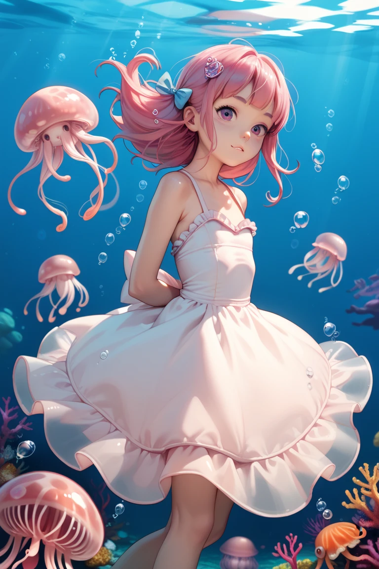 A pink-haired girl diving and playing underwater with a transparent jellyfish、Fluffy dress、Double Exposure